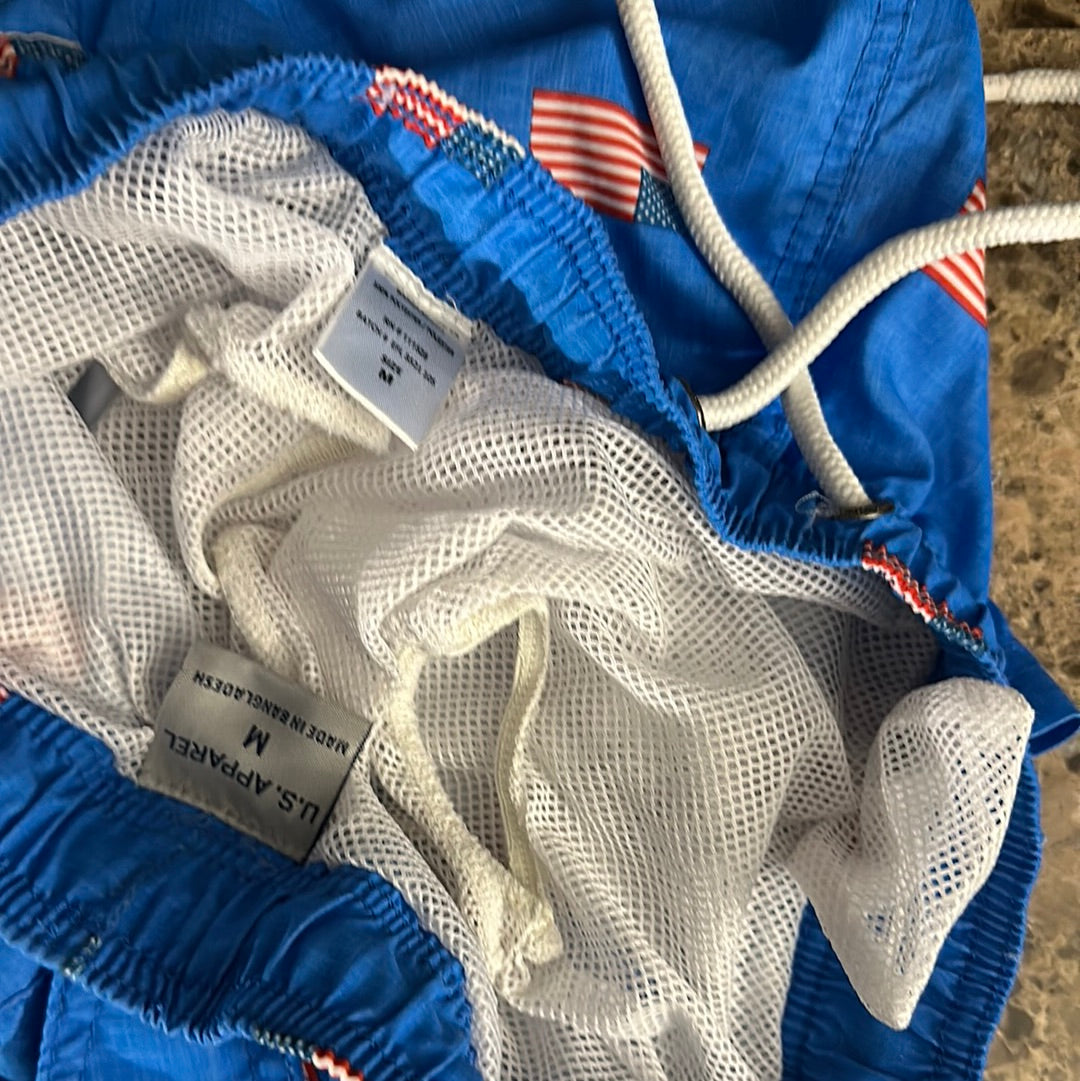 Men’s blue American flag patriotic size medium bathing suit with lining and pockets us apparel