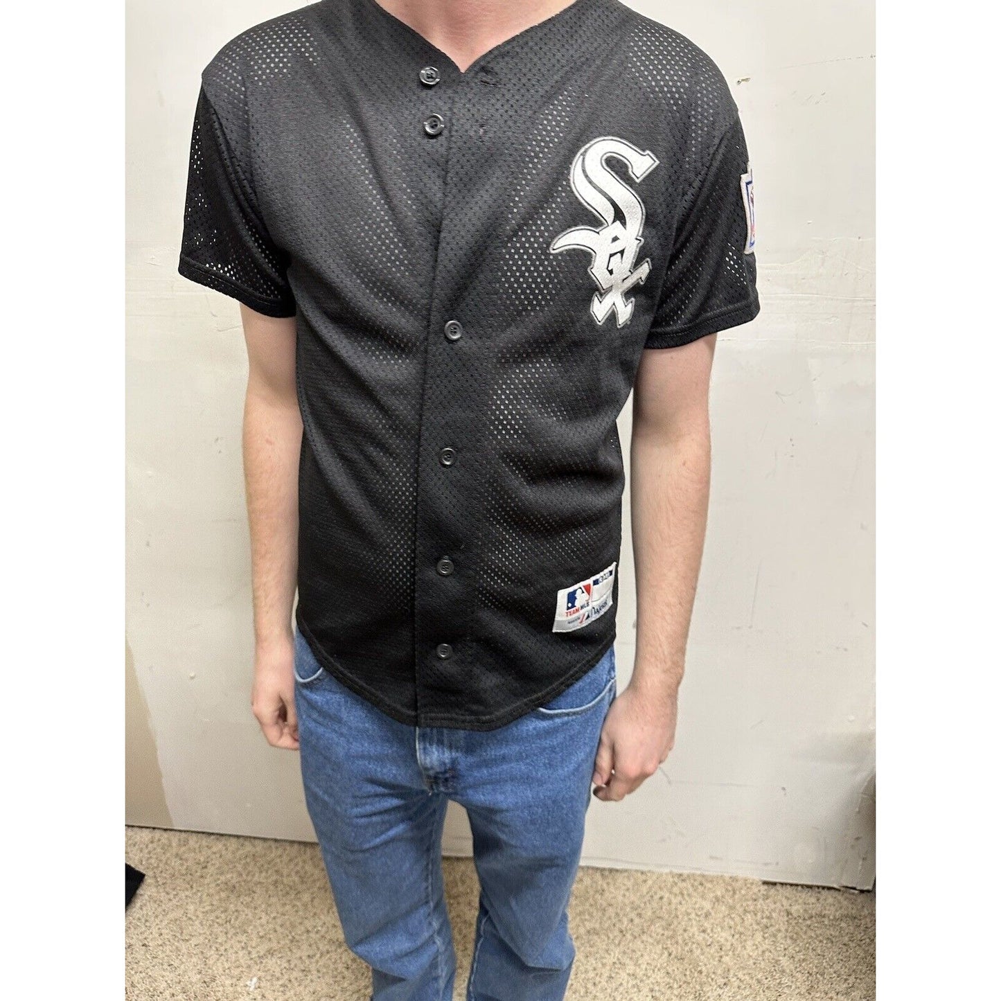 teen large black baseball jersey little league white sox team mlb majestic
