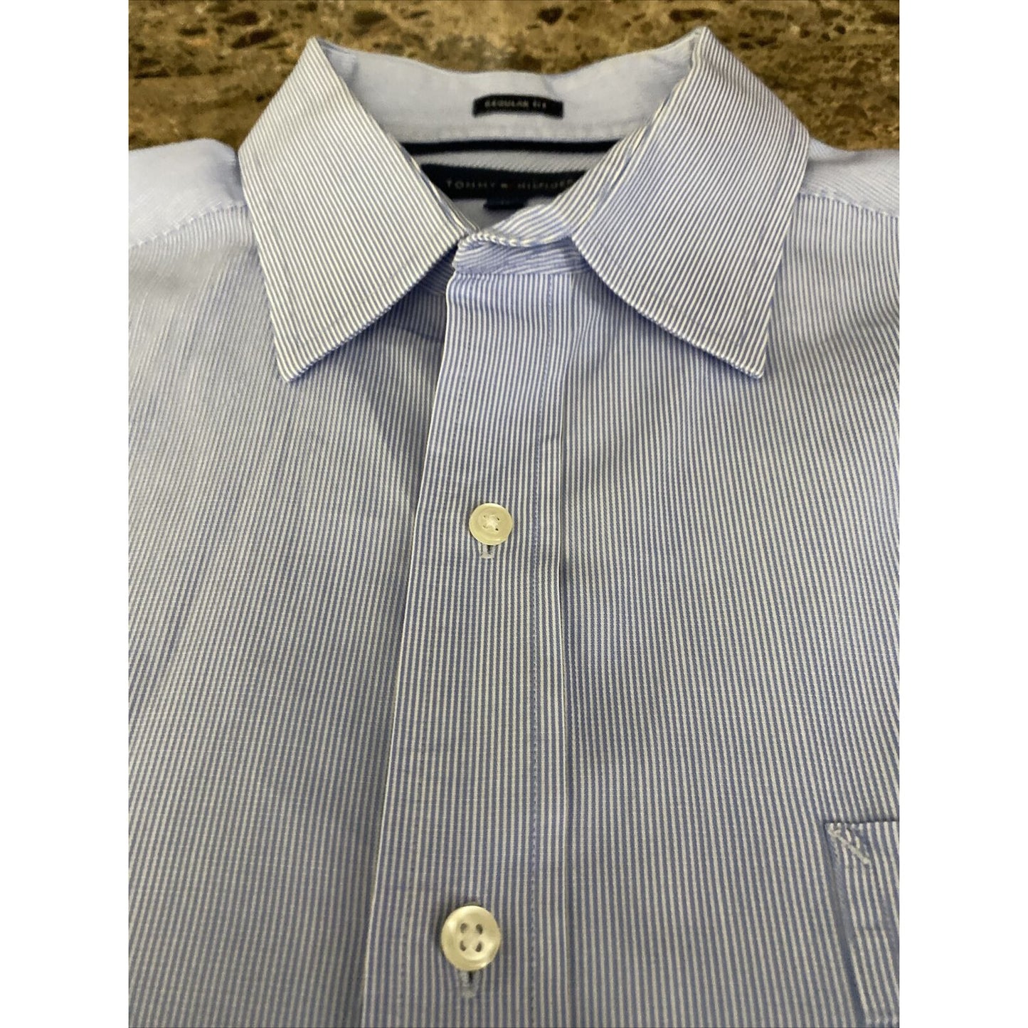 Tommy Hilfiger Men’s Size 16 Regular Fit Blue Stripes Button-down Long Sleeves