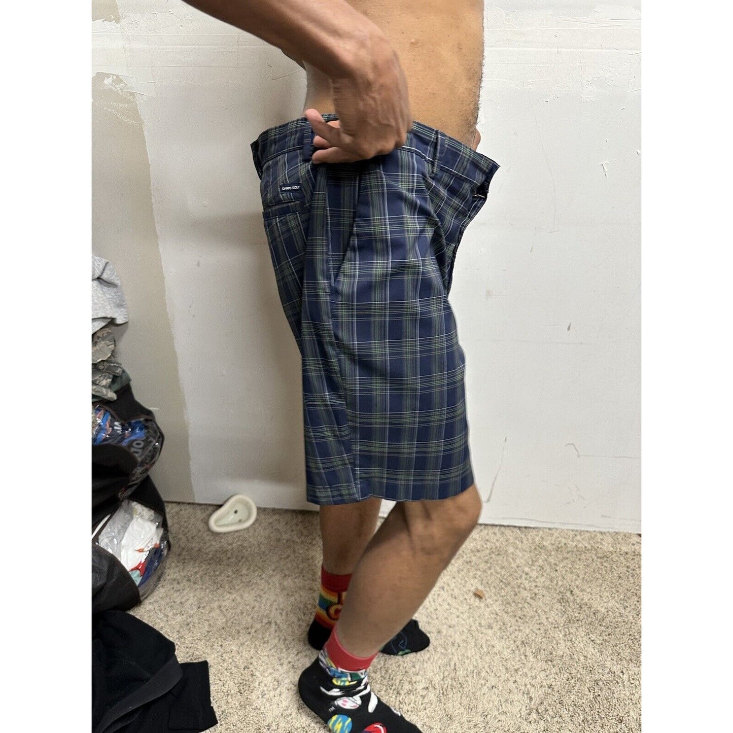 CHAPS Golf 78 Shorts Mens 36 Navy/Green/Grey Plaid Flat Front Stretch