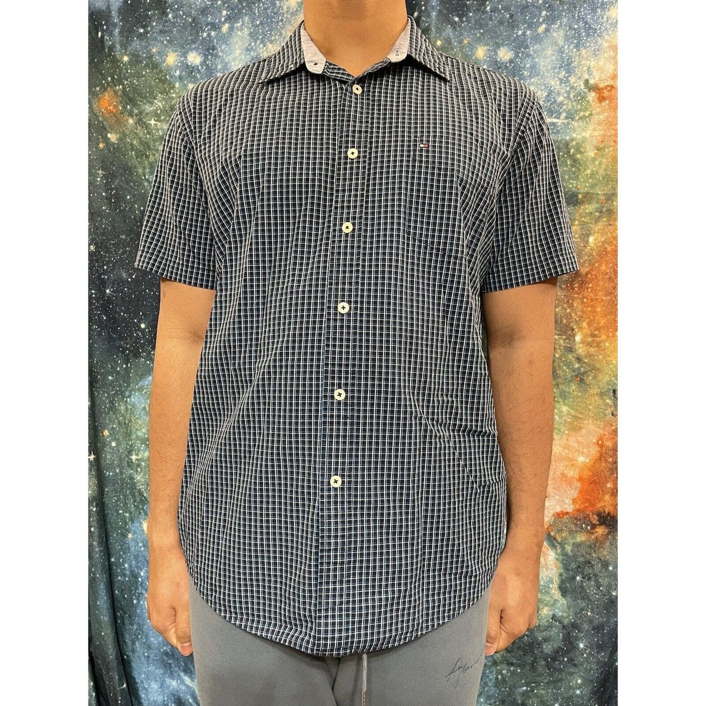 Tommy Hilfiger Men’s Large classic fit button up short sleeve shirt Blue Green