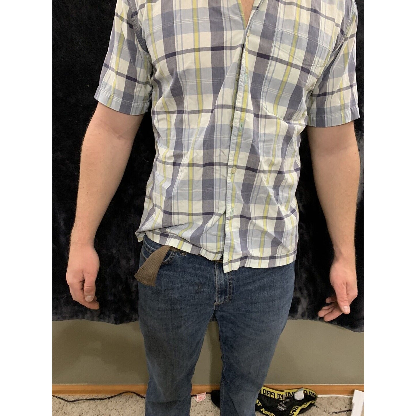 OLD NAVY Men's Size Small Short Sleeve Blue Plaid Button Down Shirt
