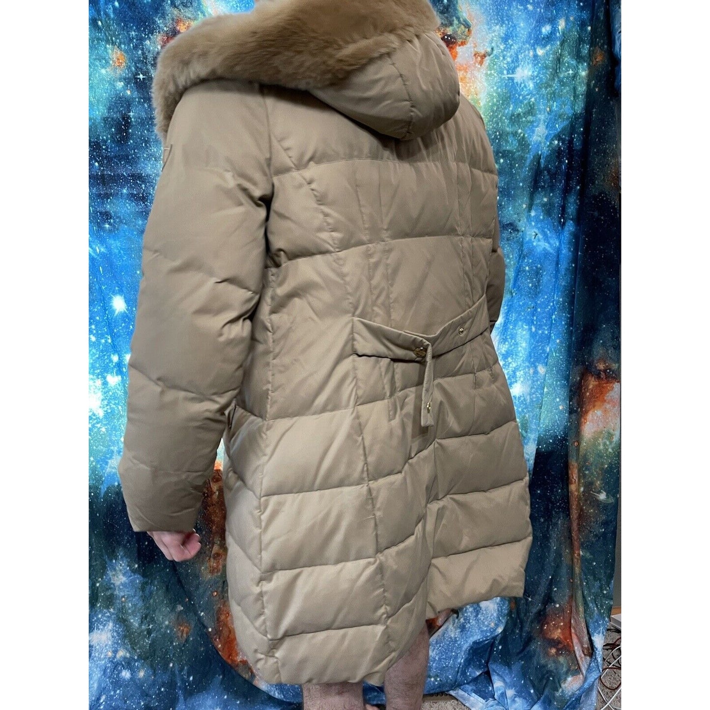 Larry Levin Women's Large Tan Puffy Snap jacket Down Faux Fur