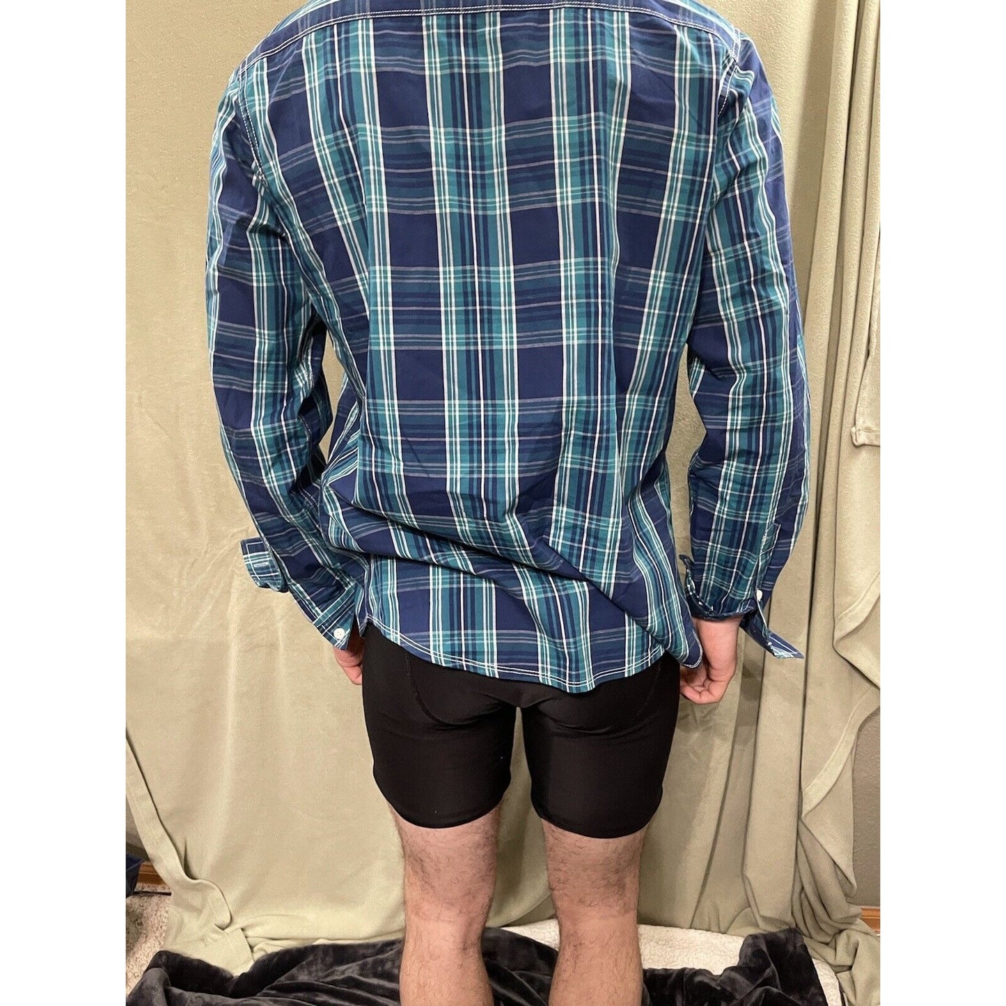 Marc Ecko Cut & Sew Blue Green White Plaid Long Sleeve Button Down Shirt Medium