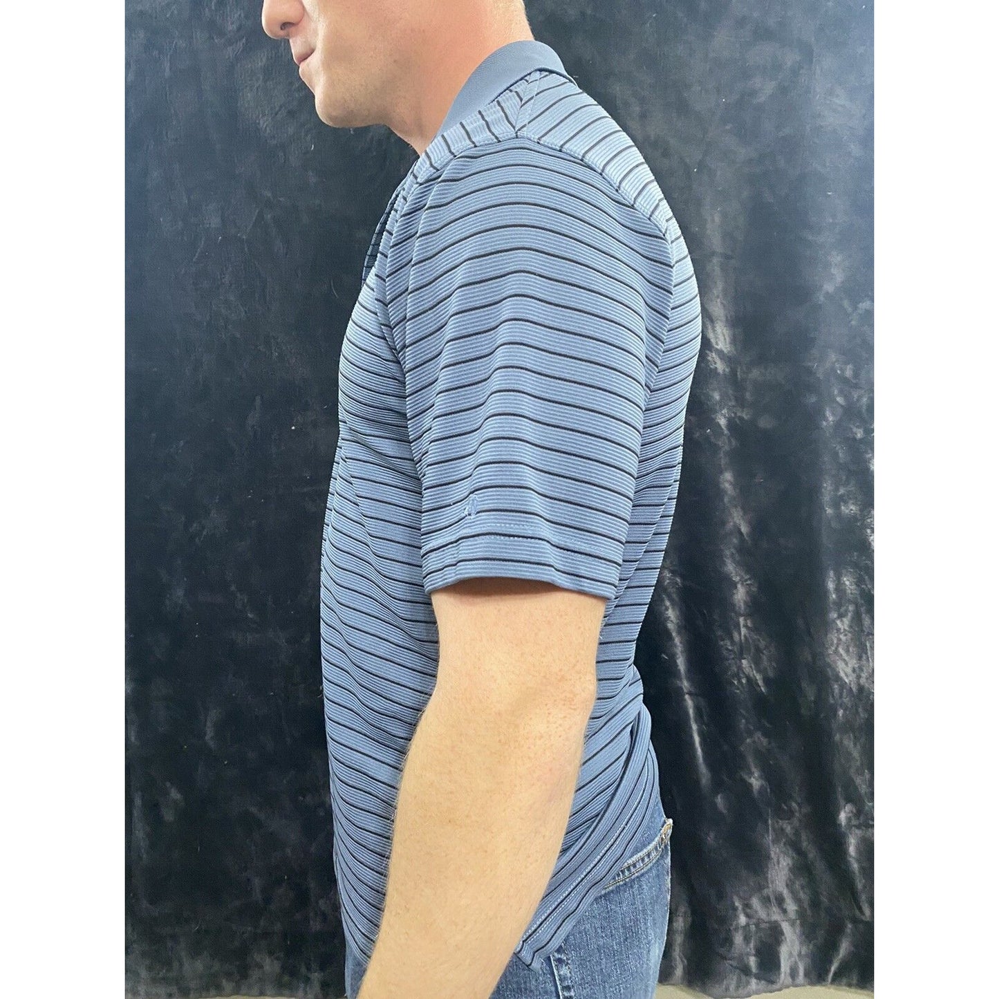 GRAND SLAM PERFORMANCE GOLF Lichen Blue w/Black Stripes Men’s Medium Polo Shirt
