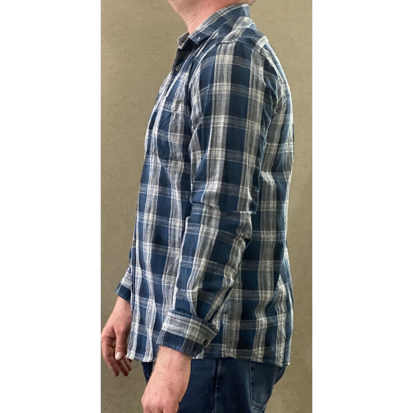Faded Glory Men’s Medium Cobalt Blue White Plaid Button-down Cotton Long Sleeves