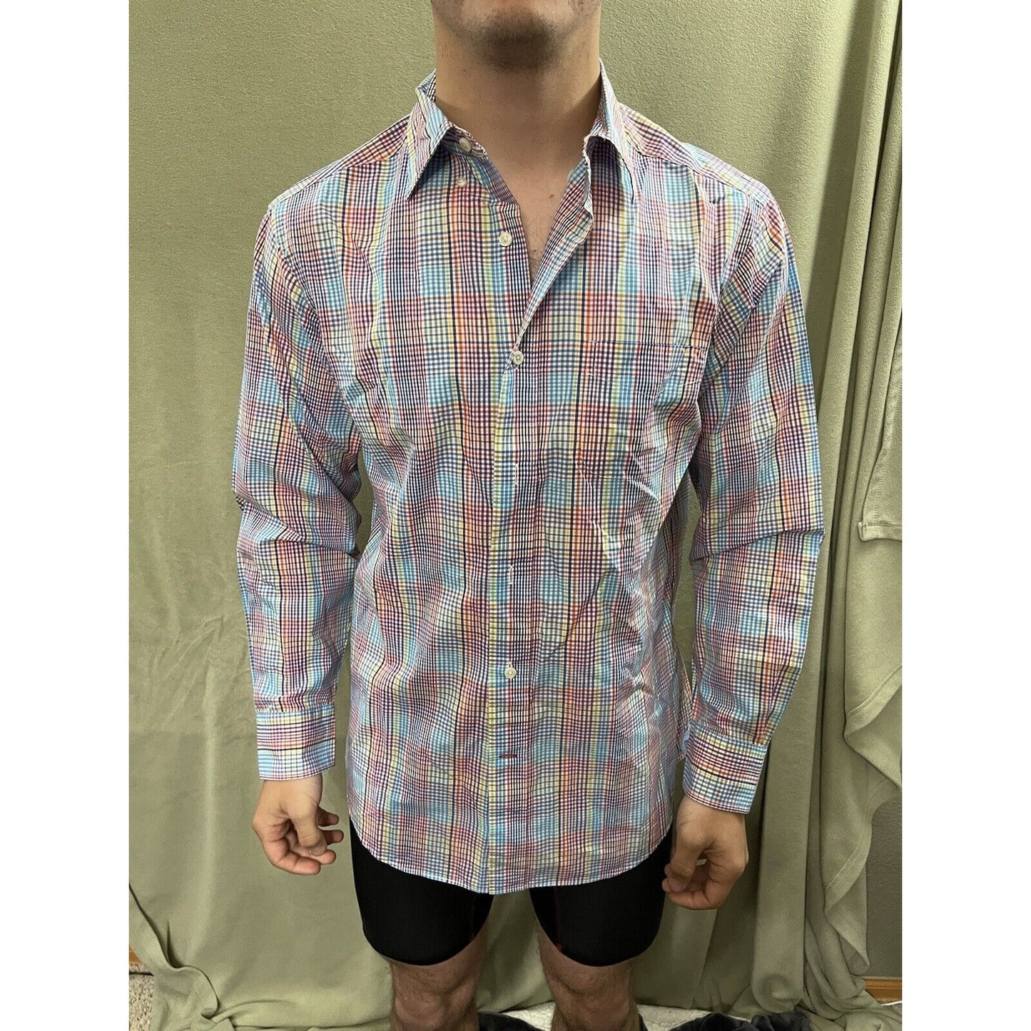 Cremieux Mens Button Down Casual Long Sleeve Shirt Rainbow Plaid Medium Cotton