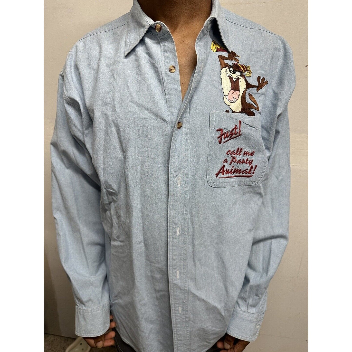 Men’s Large Warner bros Studio Store Long Sleeve Blue Tasmanian Devil Taz Party