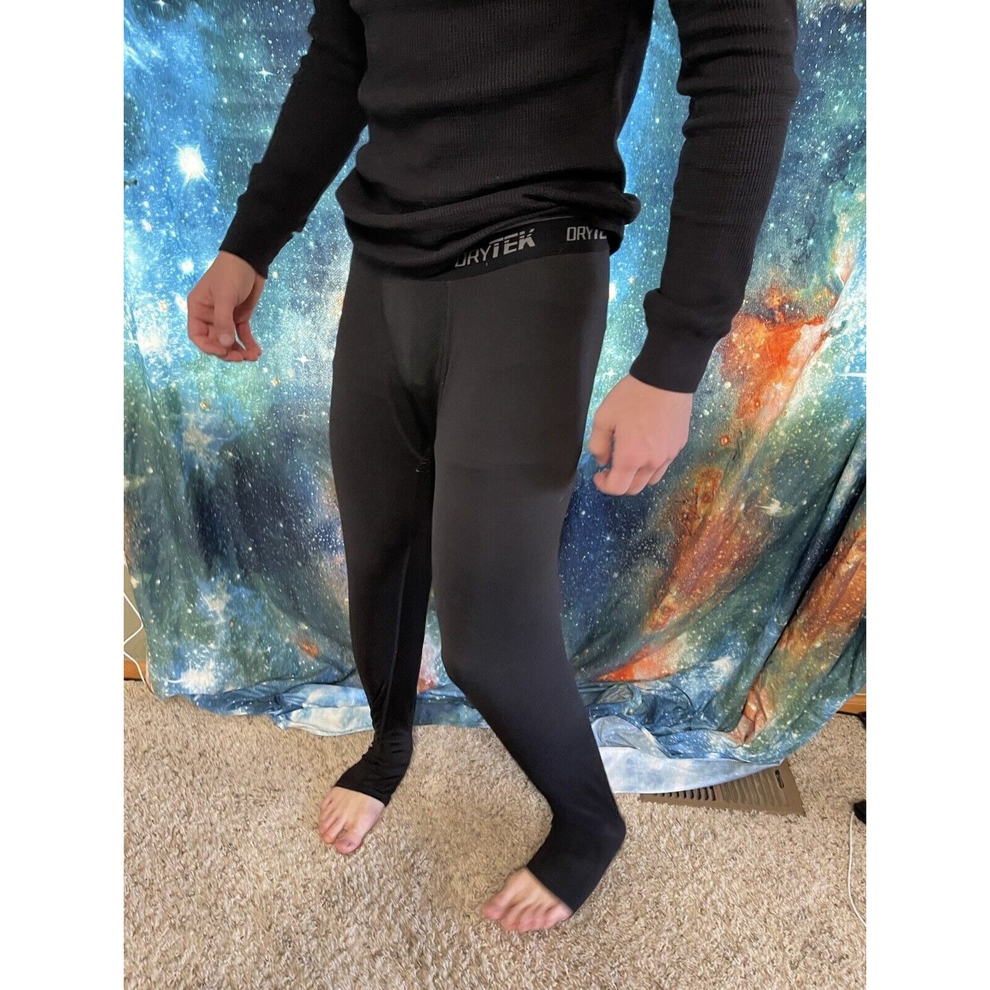 Men's Black TEK GEAR DRYTEK 3/4 BASE LAYER PANTS Black, Size LARGE
