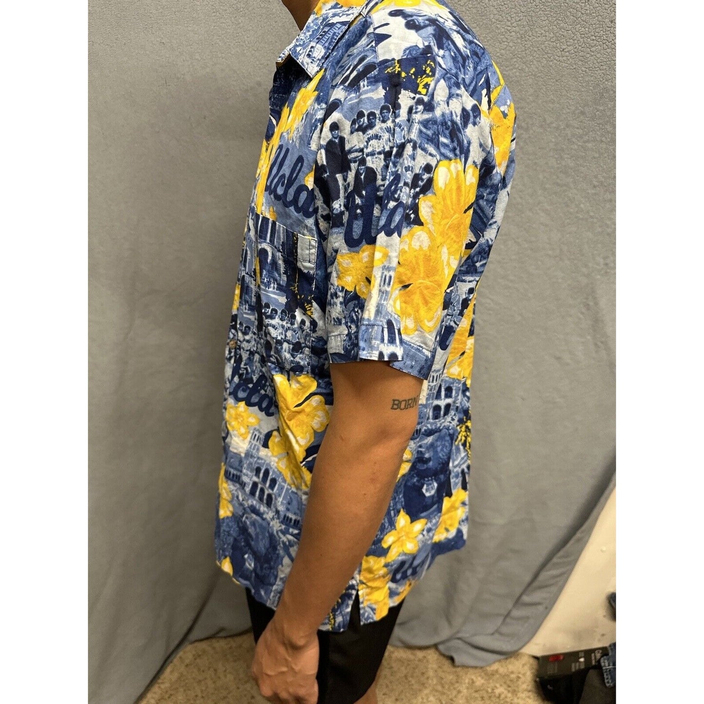 Men’s Medium Social Awearness Blue Yellow UCLA Button Up Shirt Short Sleeve
