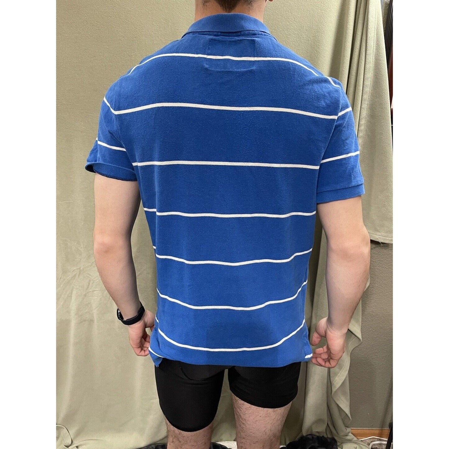 American Eagle Mens Polo Shirt Medium M Blue White Striped Short Sleeves Vintage