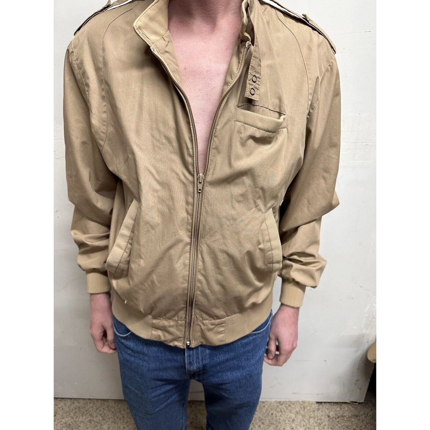 men’s beige tan aberdeen large zipper jacket polyester cotton