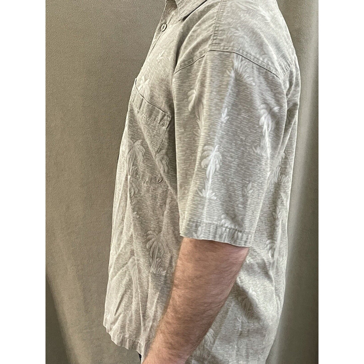 FADED GLORY MEN'S SZ L (42-44) Beige SHORT SLEEVE HAWAIIAN PALM TREES POCKET