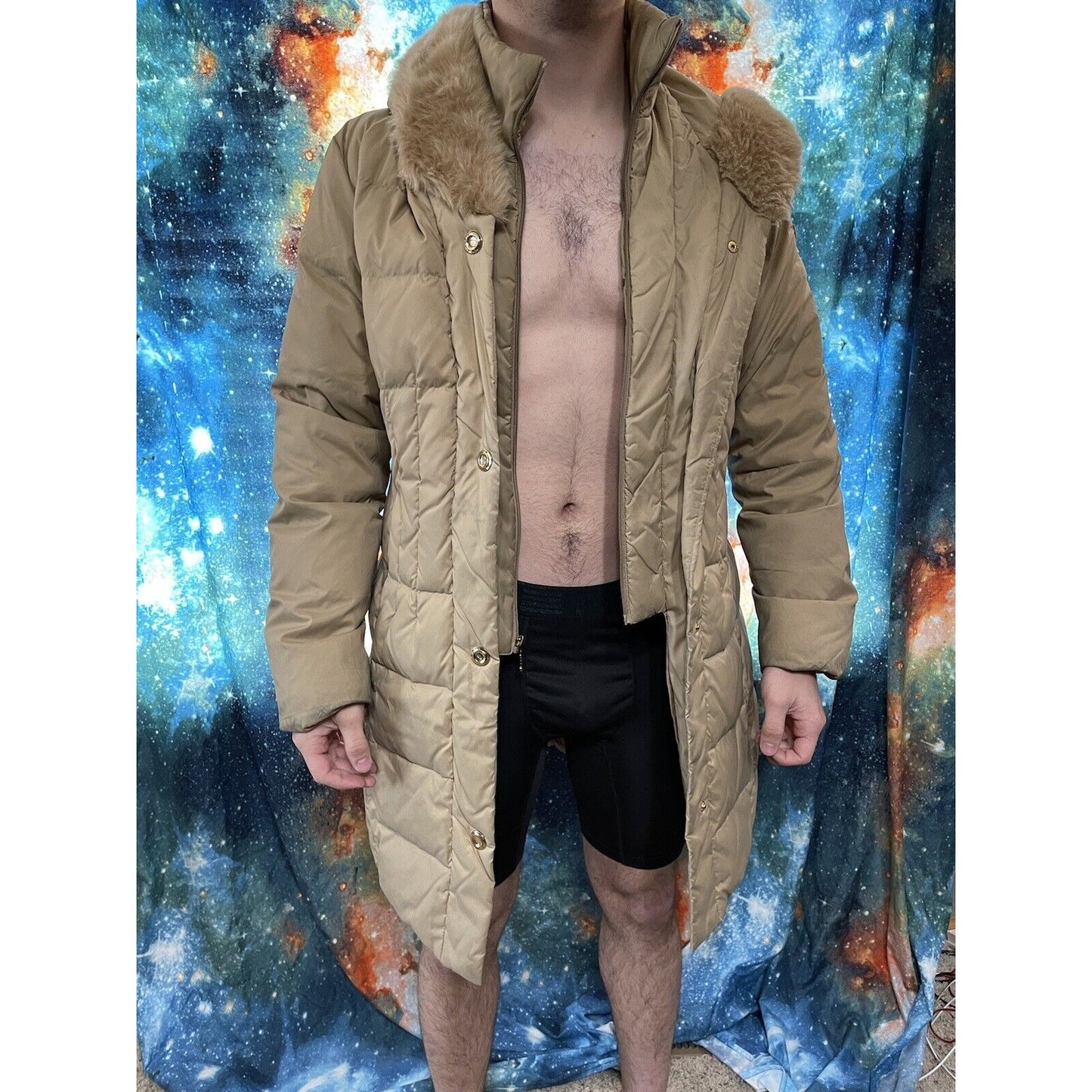Larry Levin Women's Large Tan Puffy Snap jacket Down Faux Fur