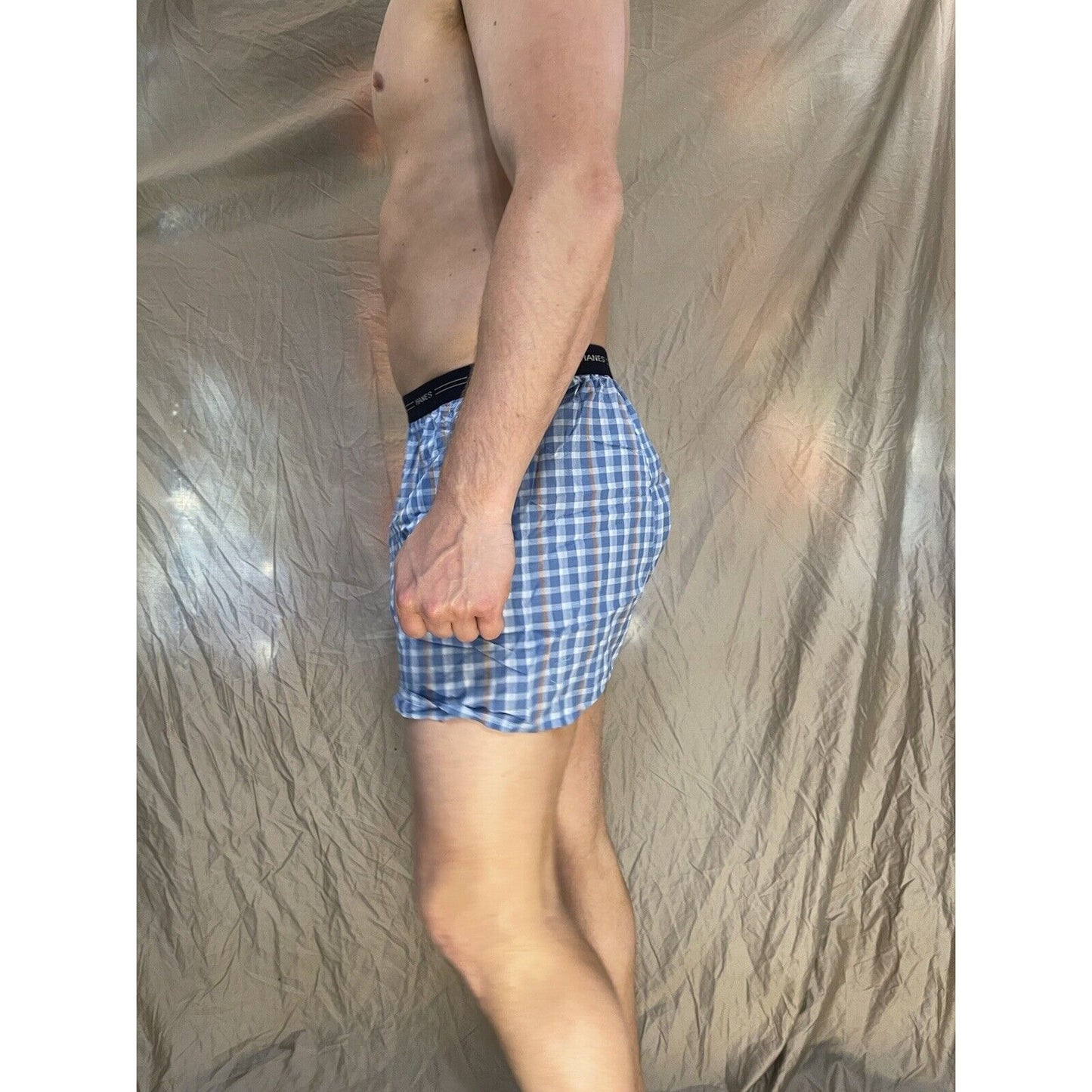 men's hanes blue plaid boxer shorts large confort flex