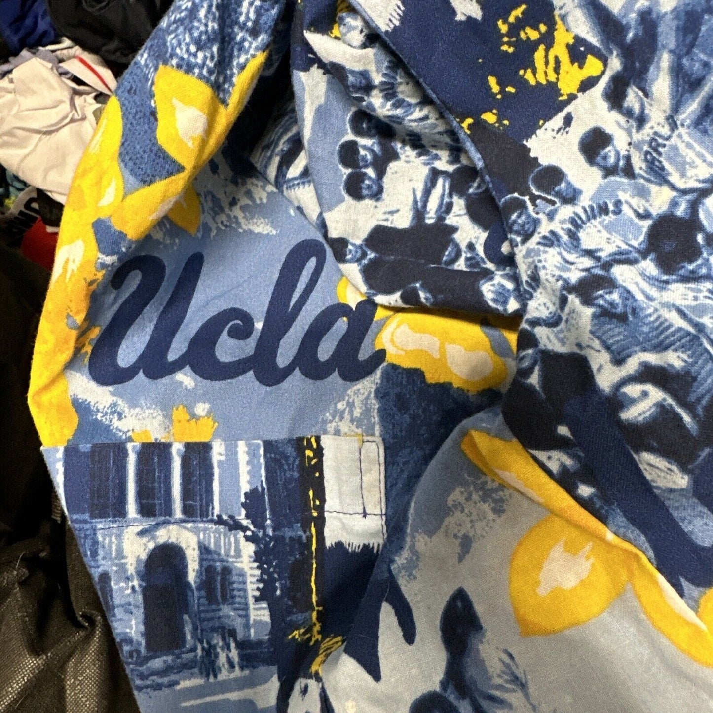 Men’s Medium Social Awearness Blue Yellow UCLA Button Up Shirt Short Sleeve