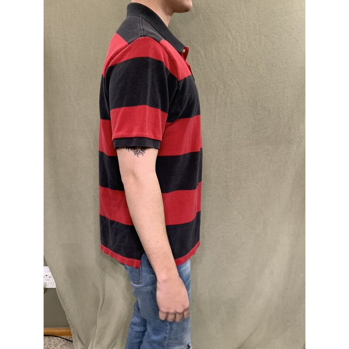 Mens American Eagle Logo Red & Black Striped Polo Short Sleeve Shirt Large