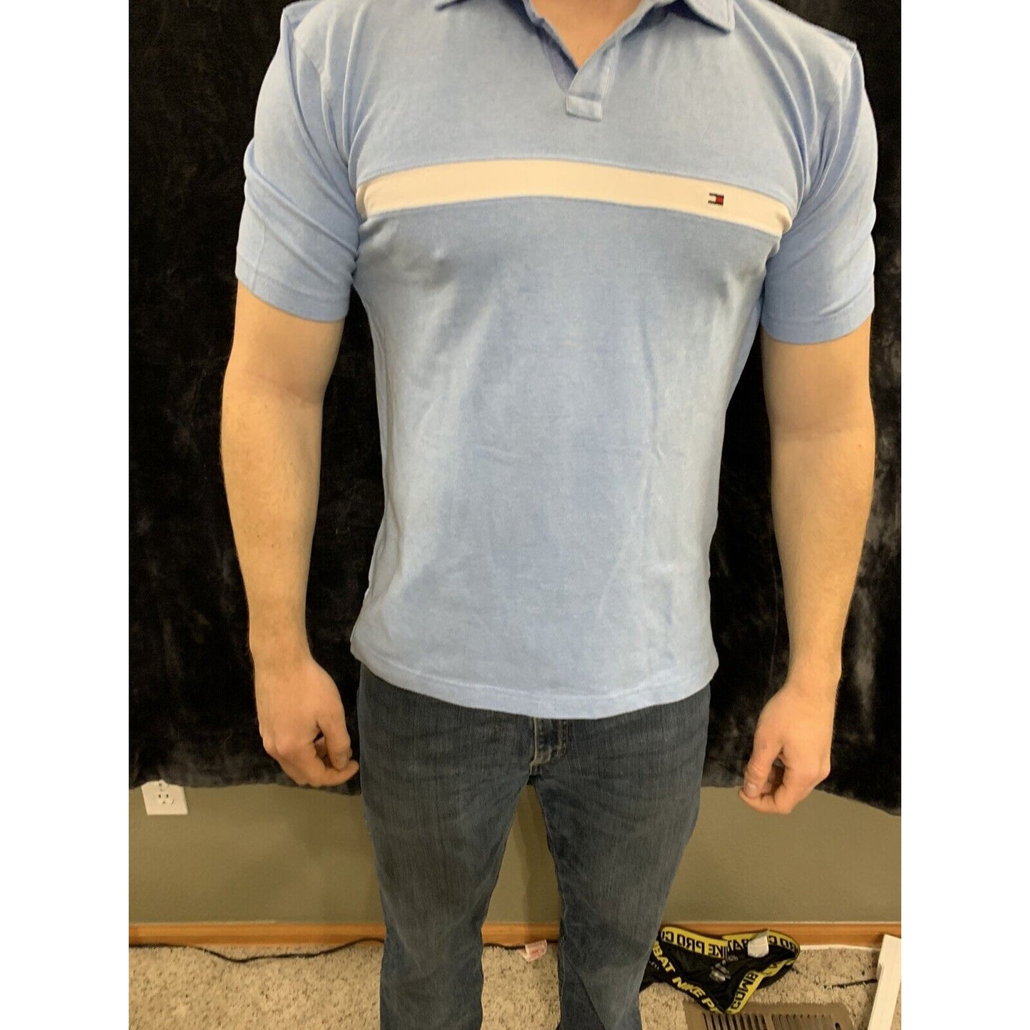 Vintage Tommy Hilfiger Polo Golf Shirt Blue Cotton Stretch Size Medium