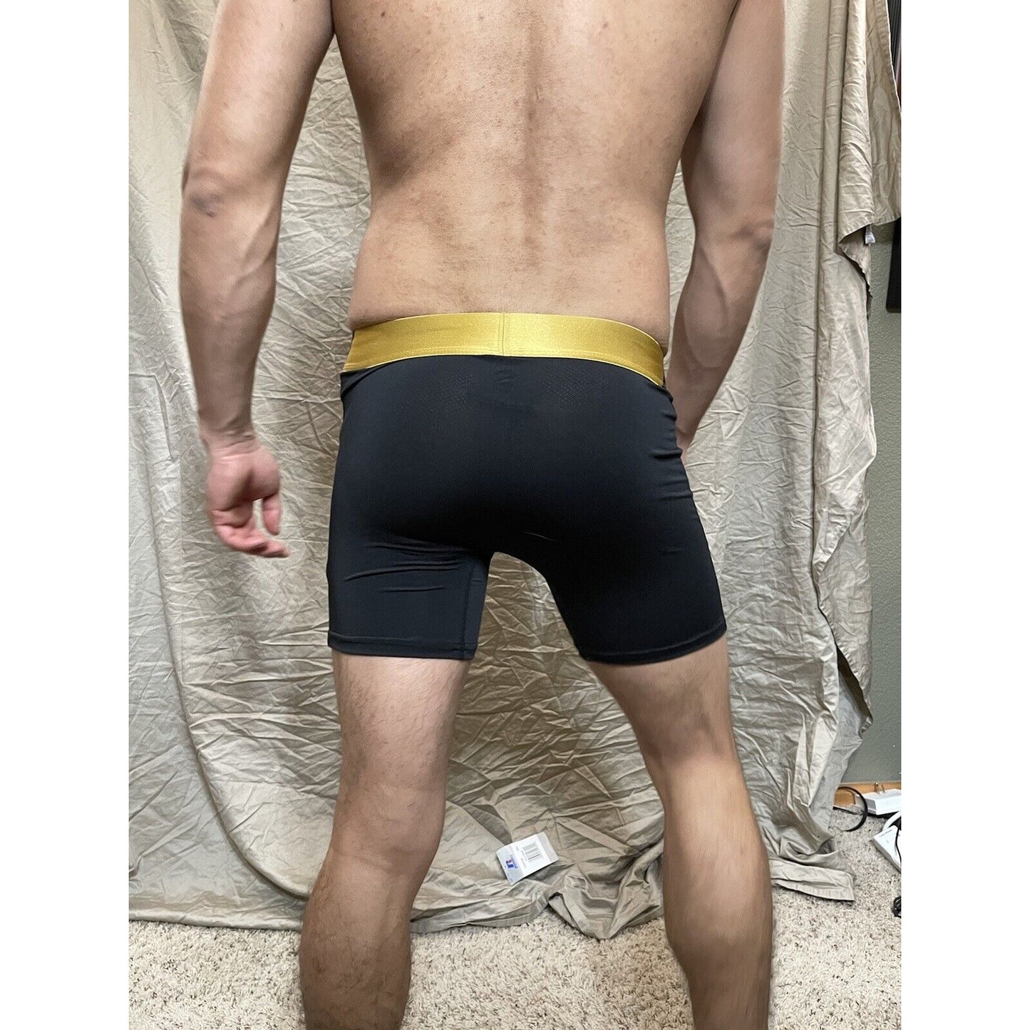Men's black volcom polyester spandex compression boxer shorts gold band XL