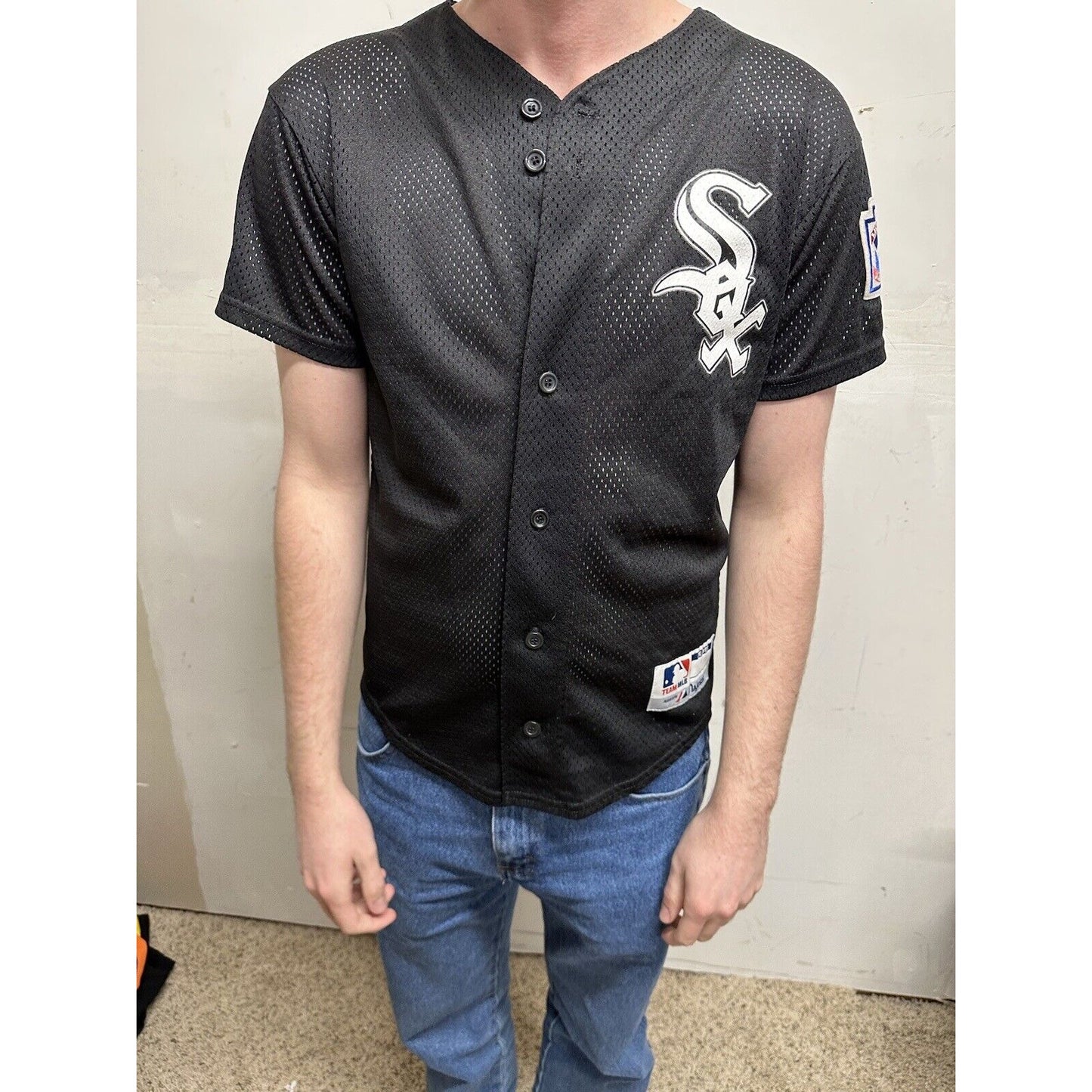 teen large black baseball jersey little league white sox team mlb majestic