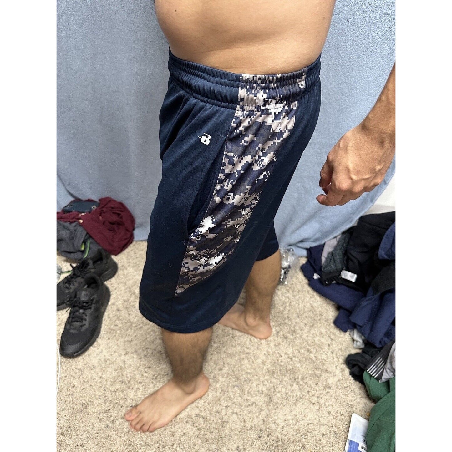 Men’s Badger Sport Small Dark Blue Camo Athletic Shorts With Pockets