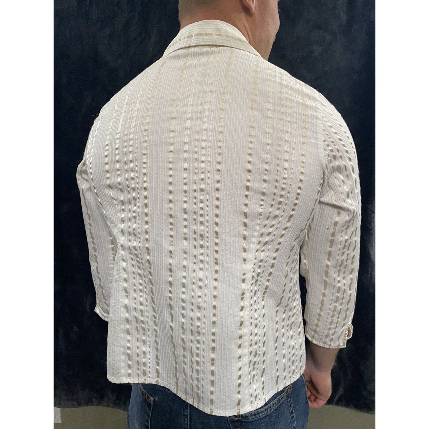 Croft & Barrow Women's Top Size L White Stretch Textured 3/4 Sleeve Button Front
