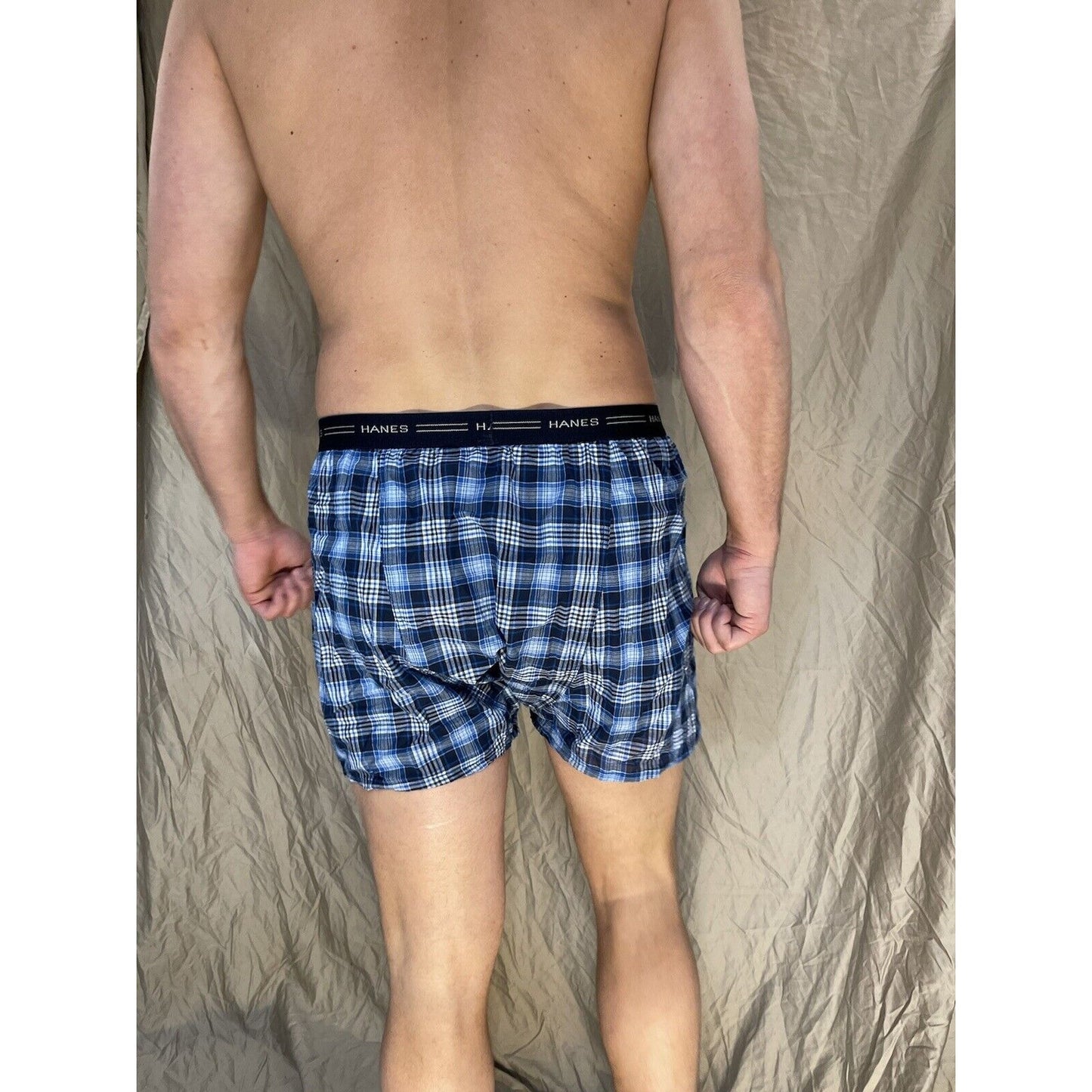 men's hanes blue plaid boxer shorts large confort flex