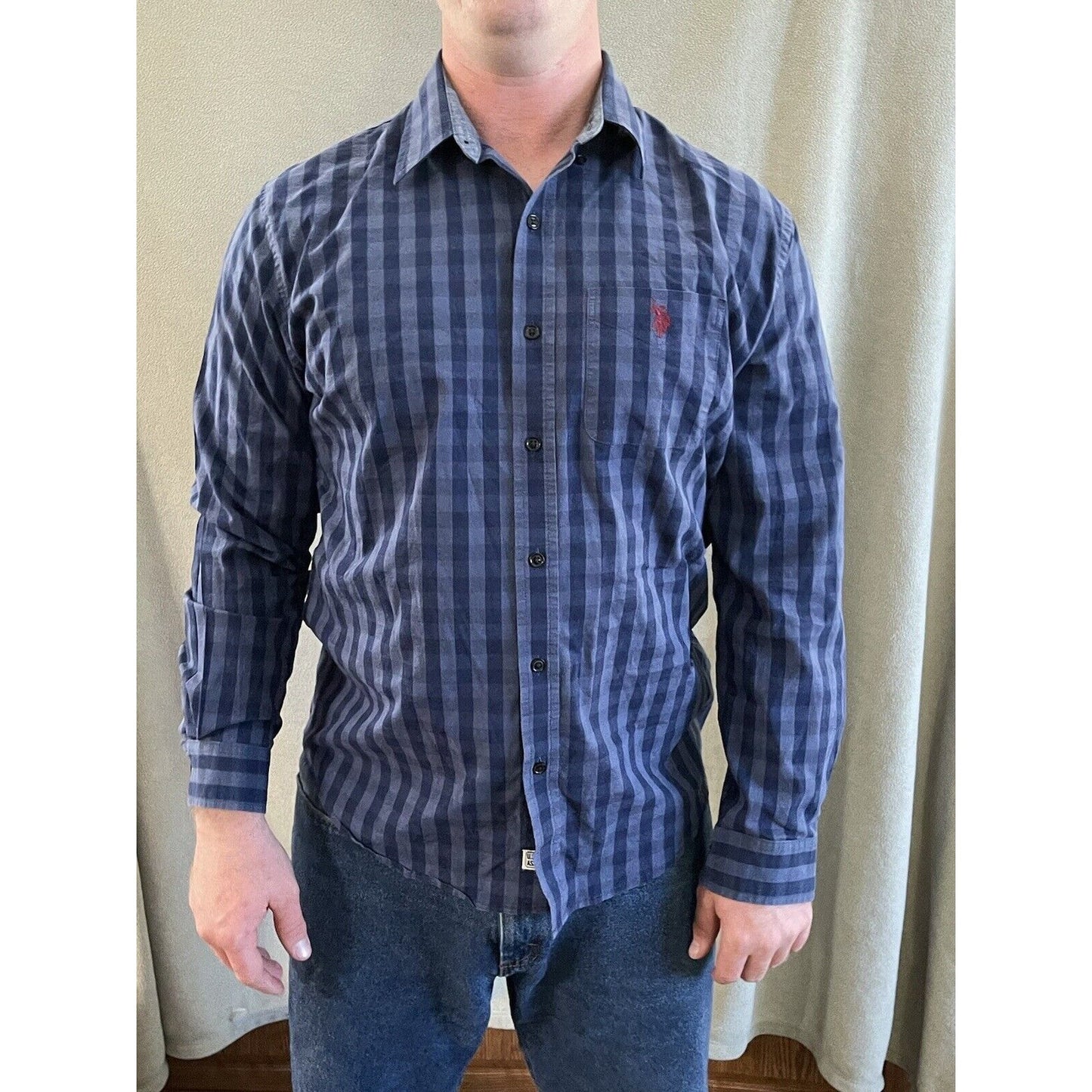 US Polo Assn men long slv Plaid BLUE Button-Front SHIRT stretch cotton