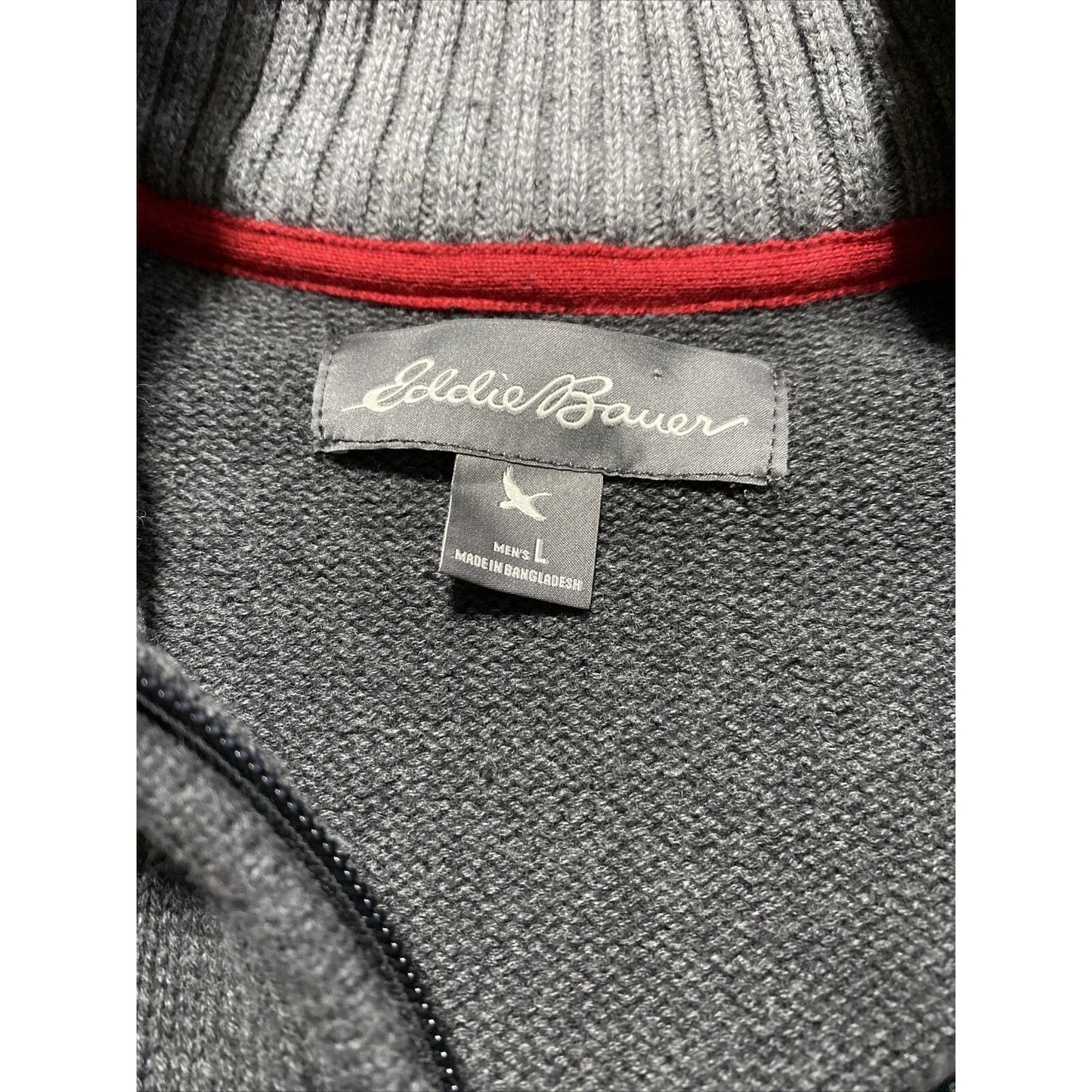 Eddie Bauer Men’s Large Gray Red Cotton 1/4-zip Pullover Sweater