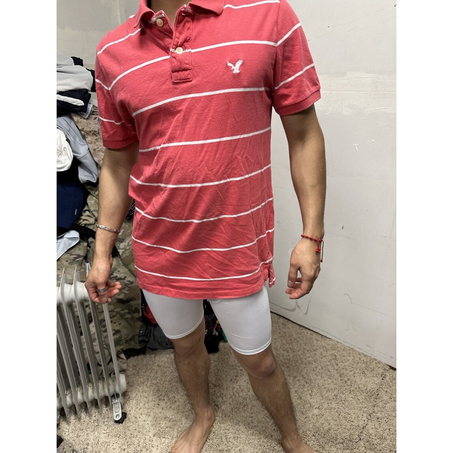 Men’s Vintage Fit American Eagle Polo Large Pink White Striped