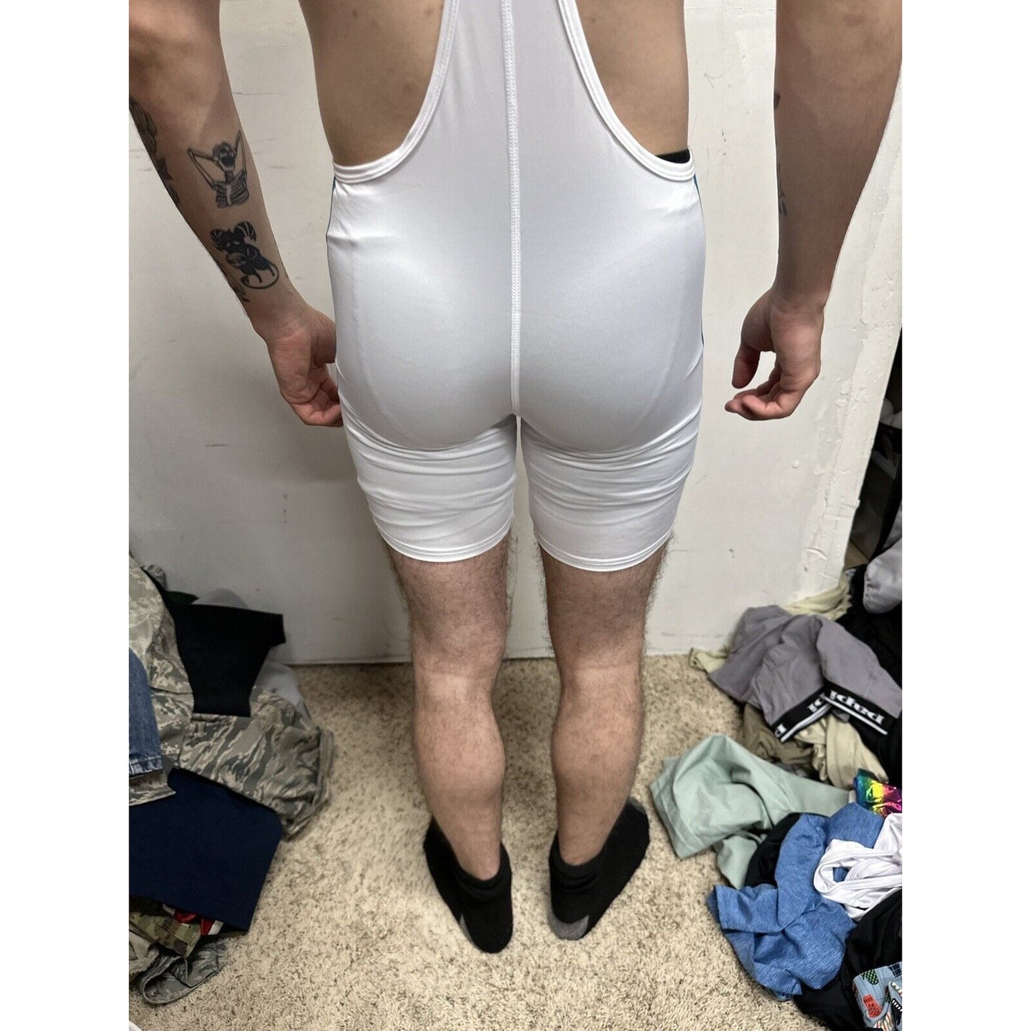 Men’s Tauwell White And Aqua Wrestling Singlet Large