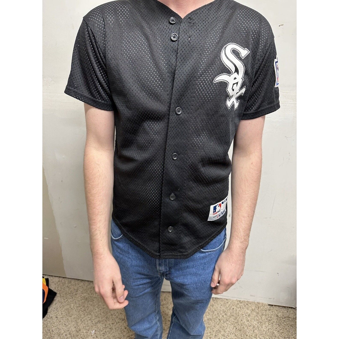 teen large black baseball jersey little league white sox team mlb majestic
