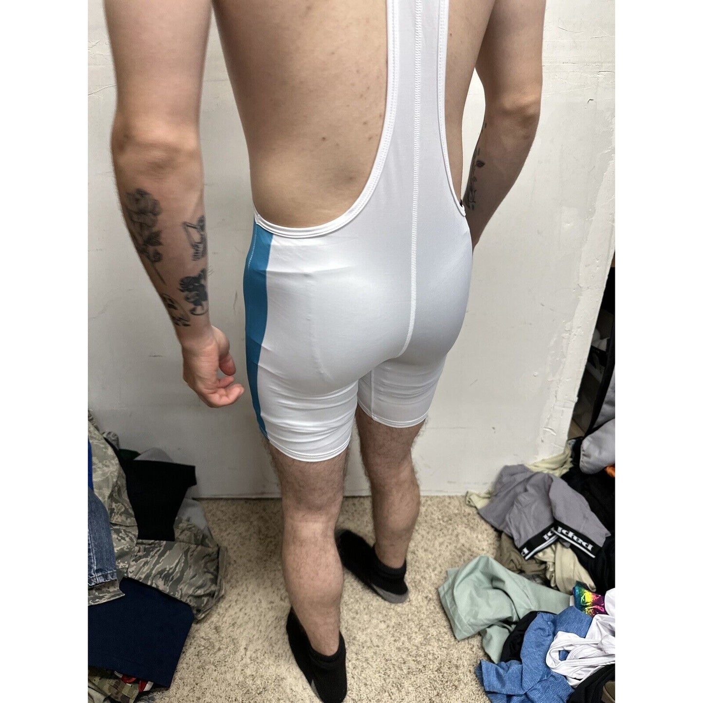 Men’s Tauwell White And Aqua Wrestling Singlet Medium