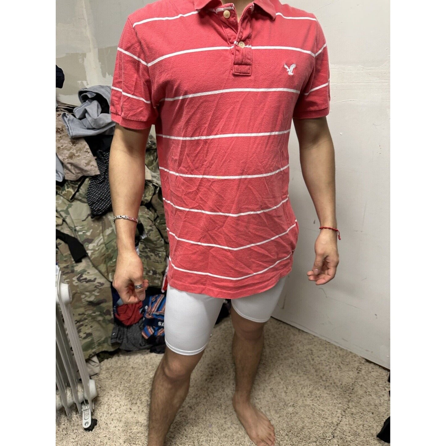 Men’s Vintage Fit American Eagle Polo Large Pink White Striped