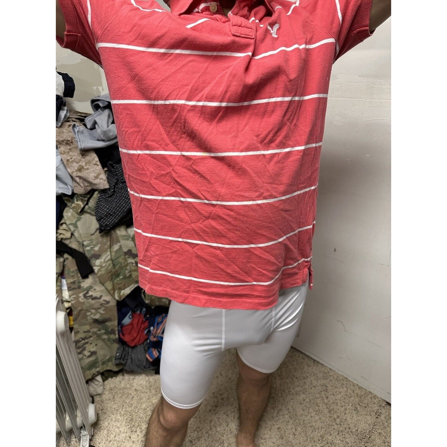 Men’s Vintage Fit American Eagle Polo Large Pink White Striped