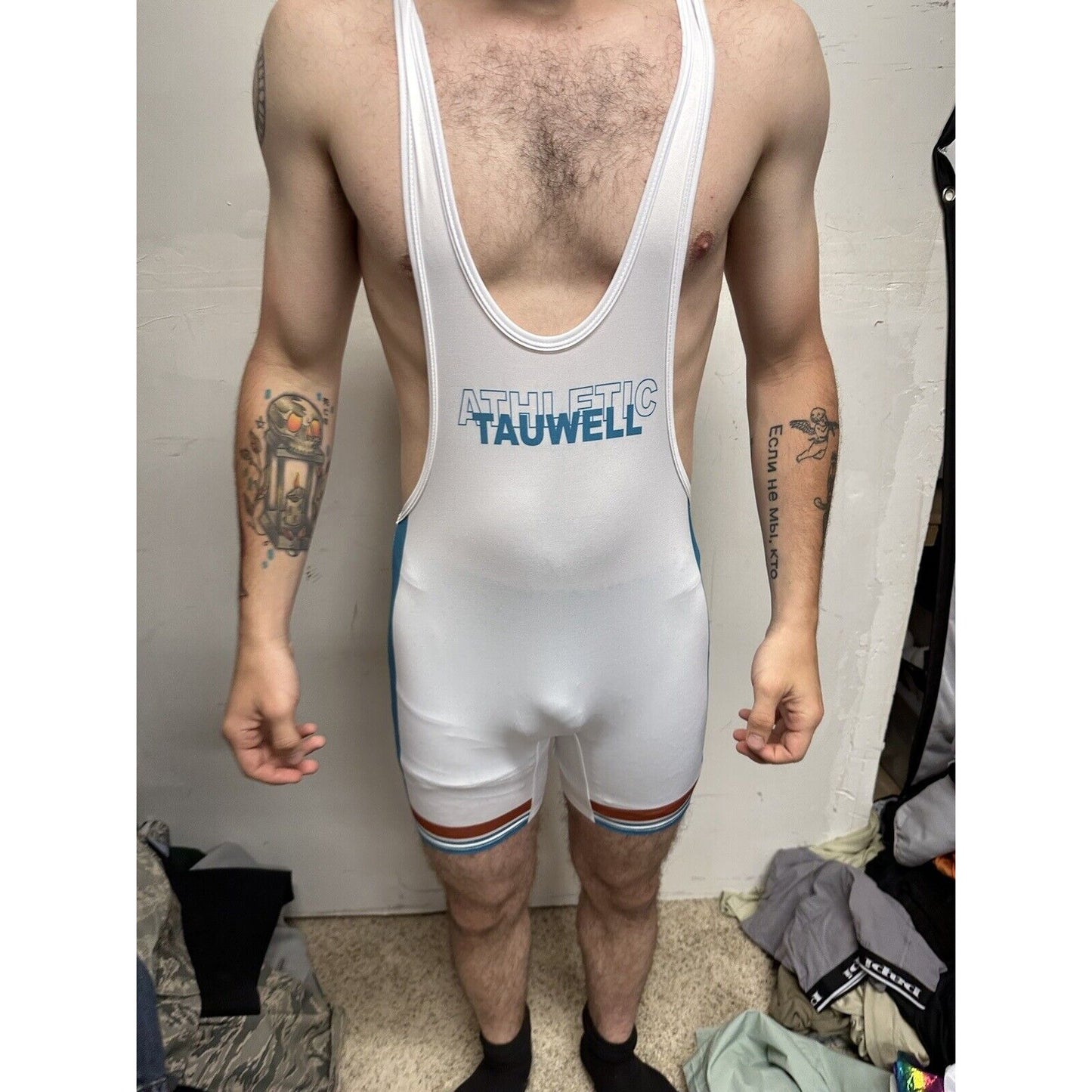 Men’s Tauwell White And Aqua Wrestling Singlet Large