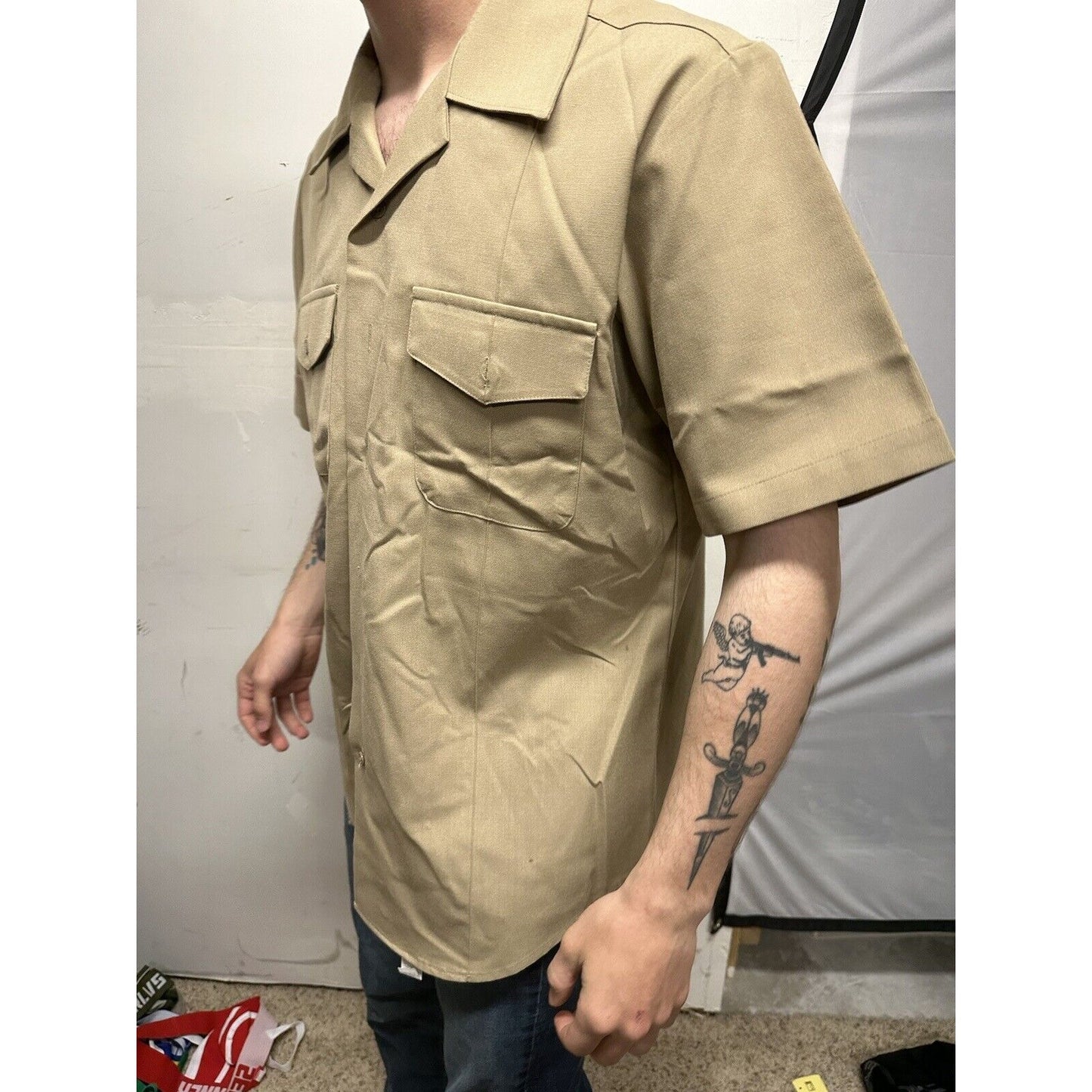 Men’s Military Usmc Flying Cross Large Button Up Uniform Khaki Shirt