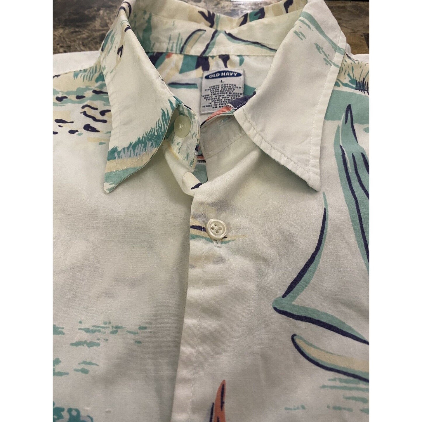 Old Navy White Summer Prints Sailing Boats Island Men’s Large Button-down Shirt