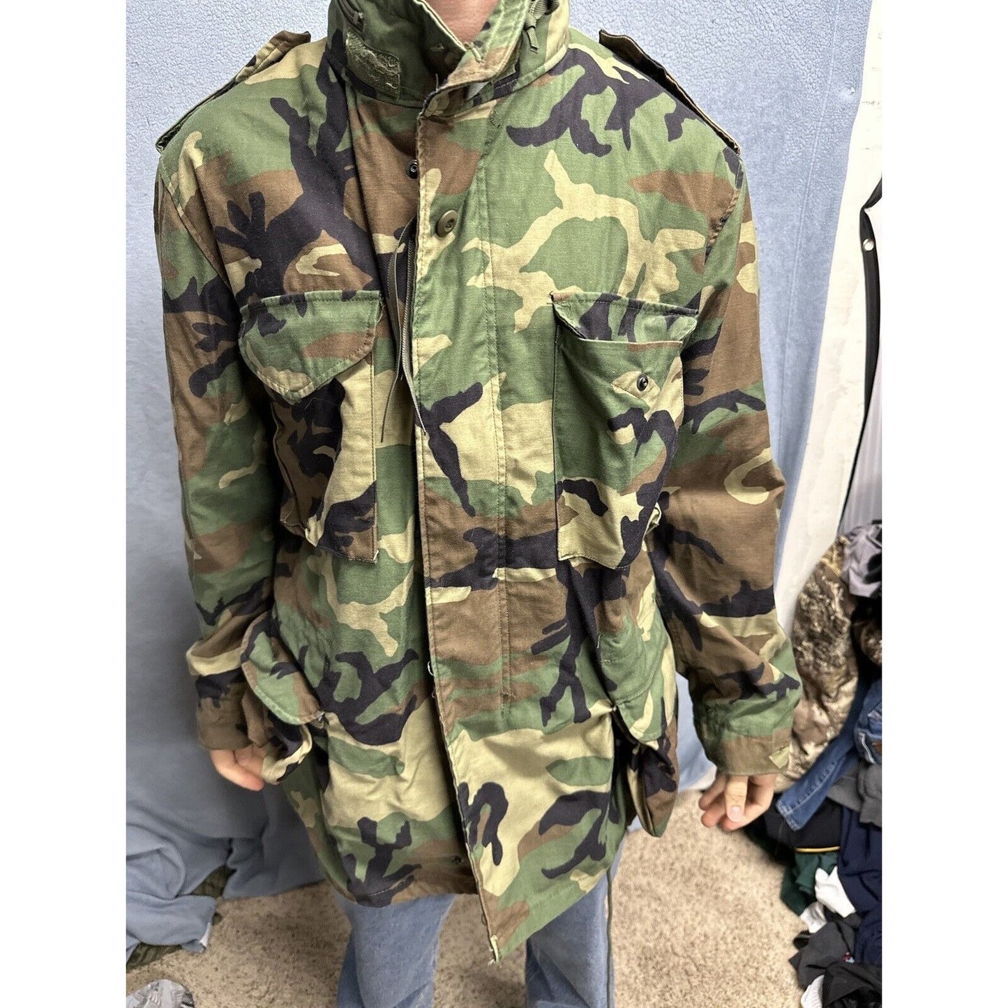 Men’s Large Regular Vintage BDU Uniform Cold Weather Field Jacket Woodland Camo