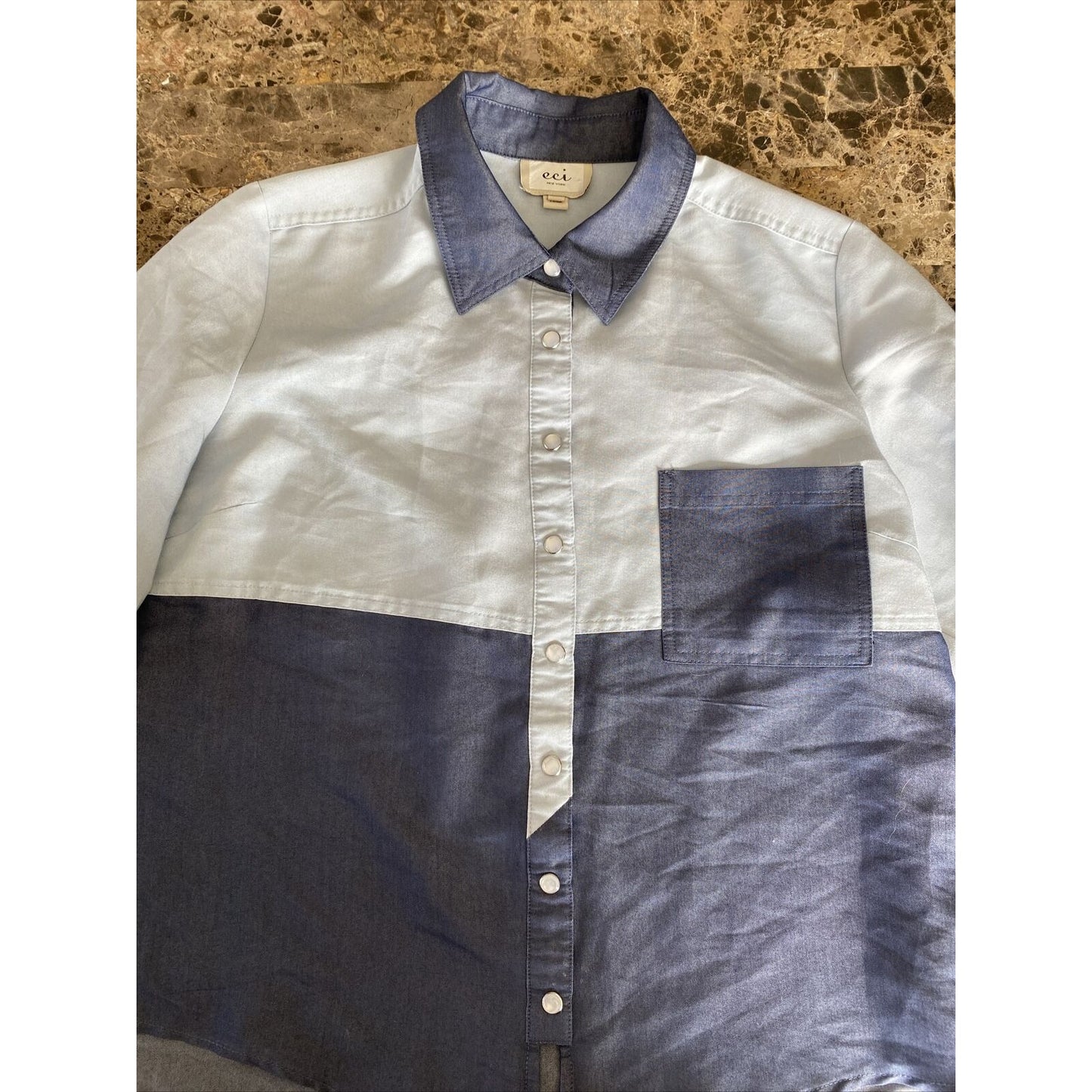 eci New York Women's Snap Button Blouse Size Large Blue Tie Front Western Style