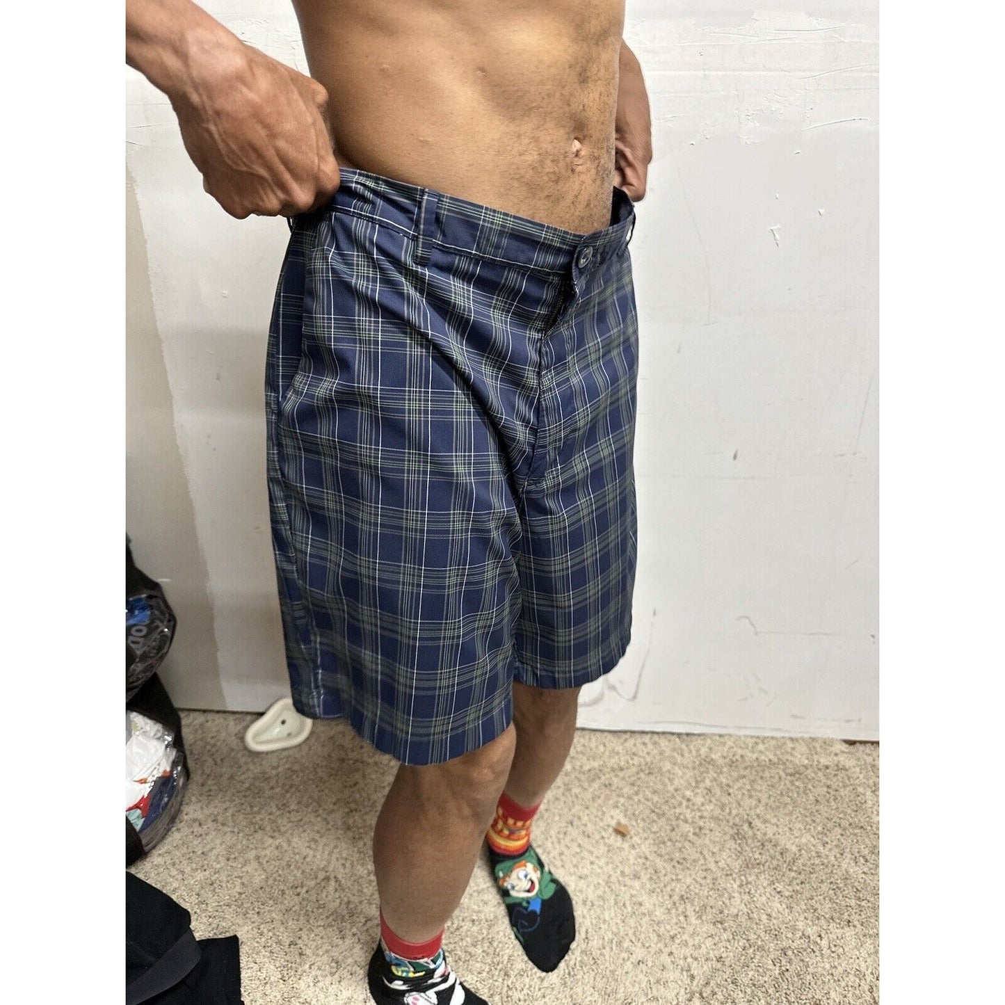 CHAPS Golf 78 Shorts Mens 36 Navy/Green/Grey Plaid Flat Front Stretch