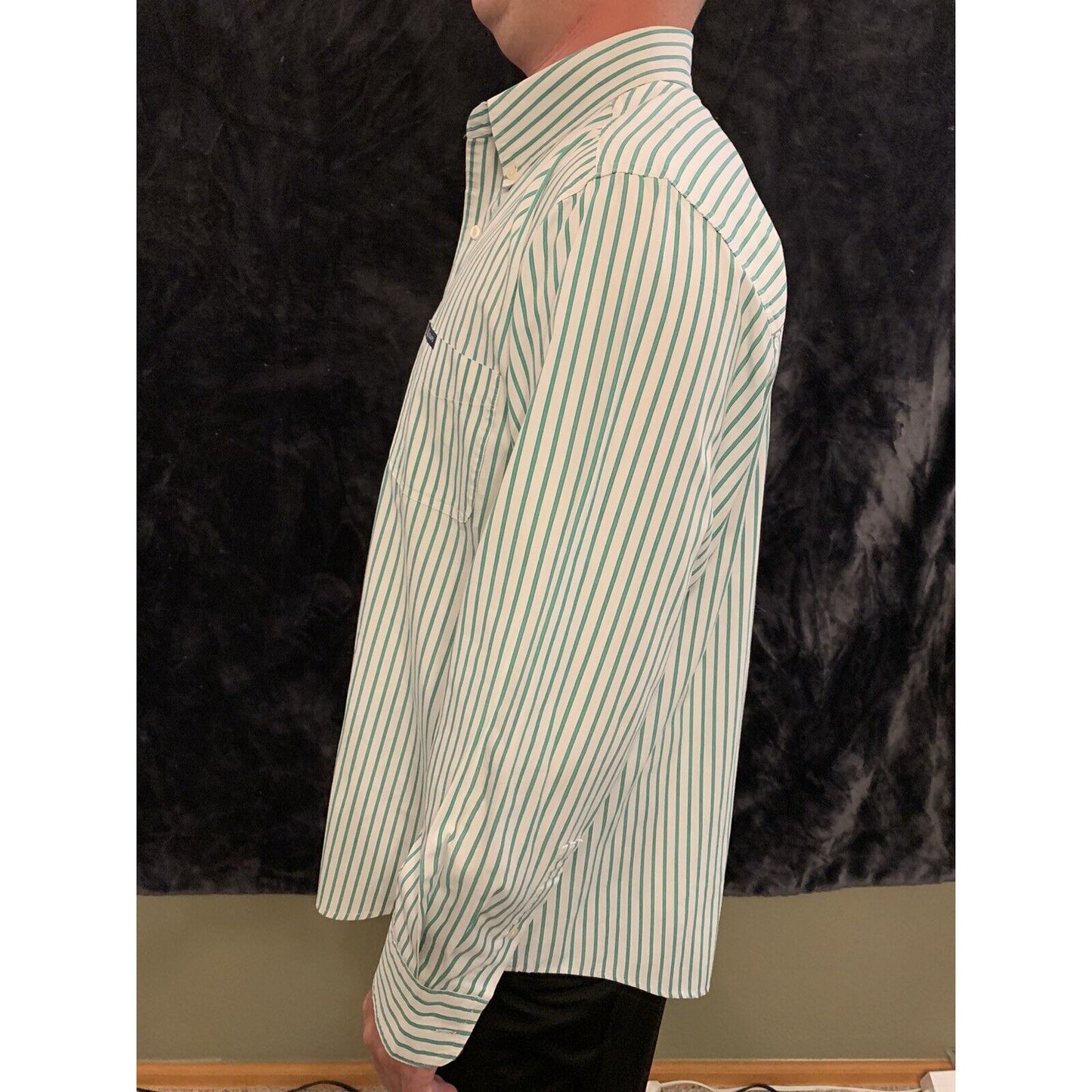 Chaps Easy Care Mens Long Sleeve Button Up Striped Shirt Green & White Size XL
