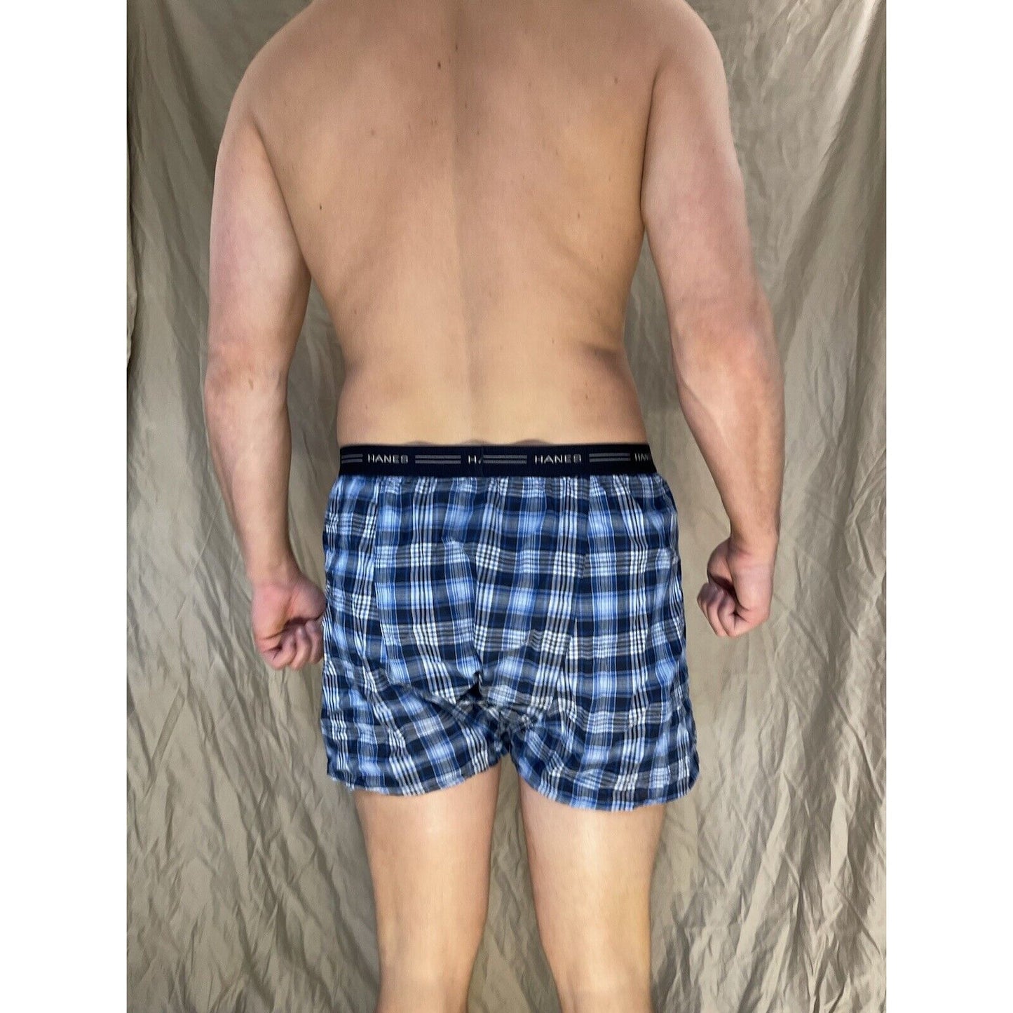 men's hanes blue plaid boxer shorts large confort flex