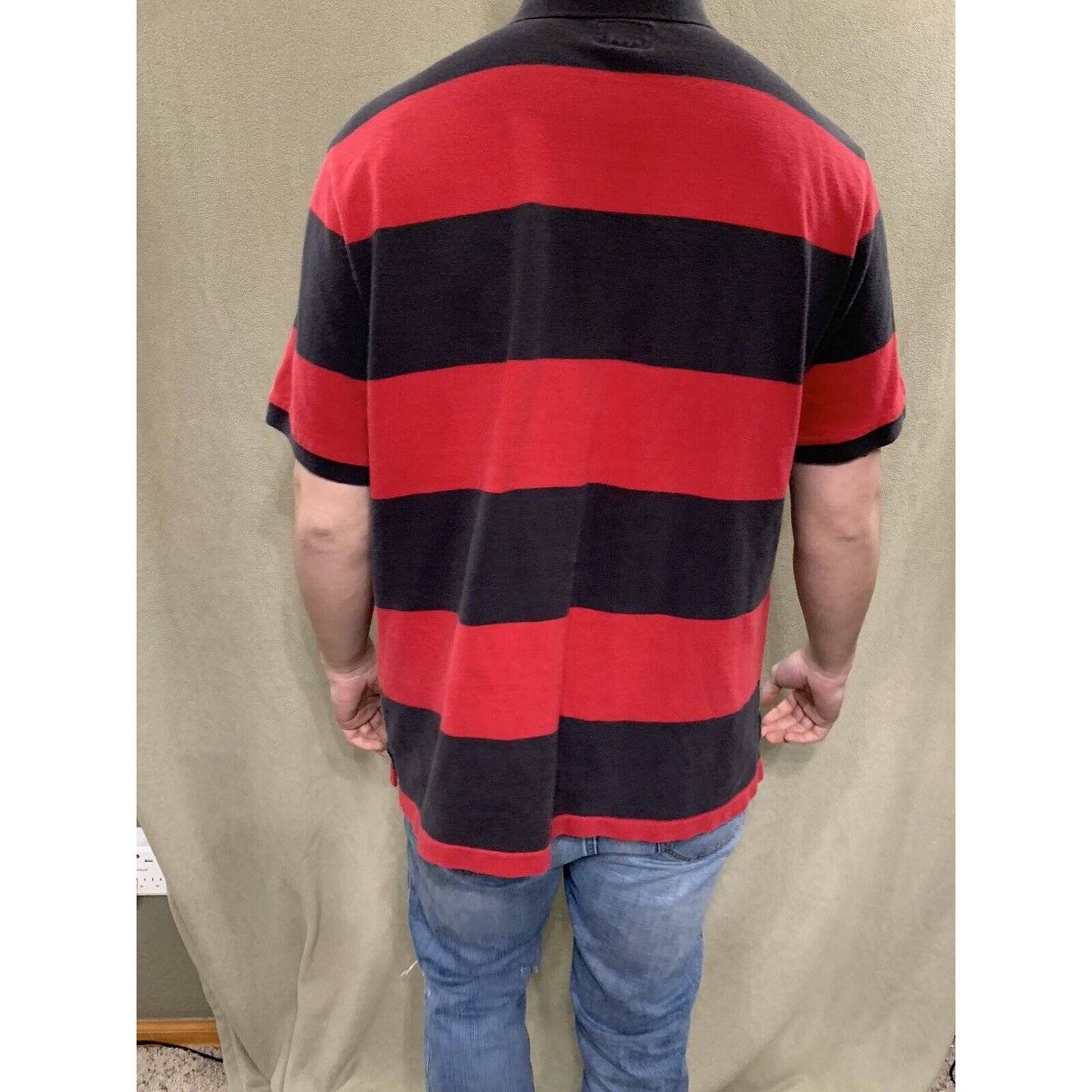 Mens American Eagle Logo Red & Black Striped Polo Short Sleeve Shirt Large