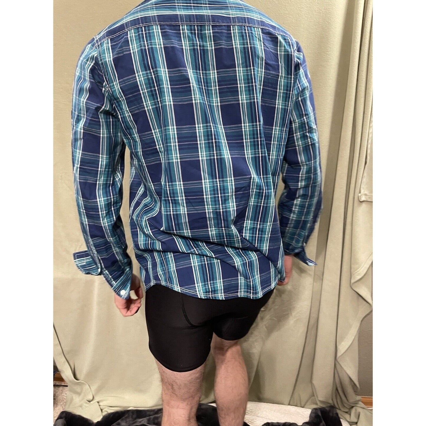 Marc Ecko Cut & Sew Blue Green White Plaid Long Sleeve Button Down Shirt Medium