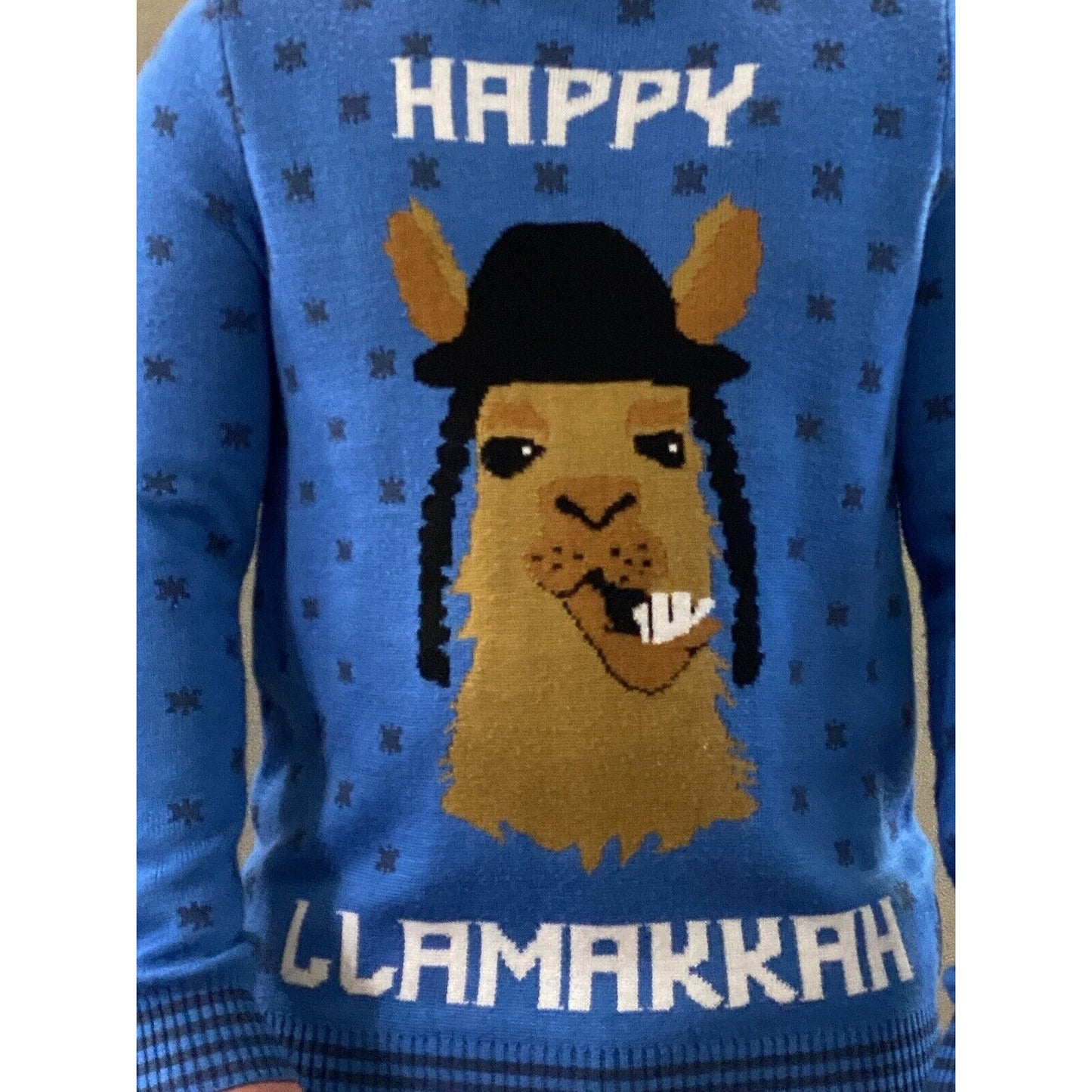 Tipsy Elves Men’s Large Blue “Happy Llamakkah” Holiday Acrylic Pullover Sweater