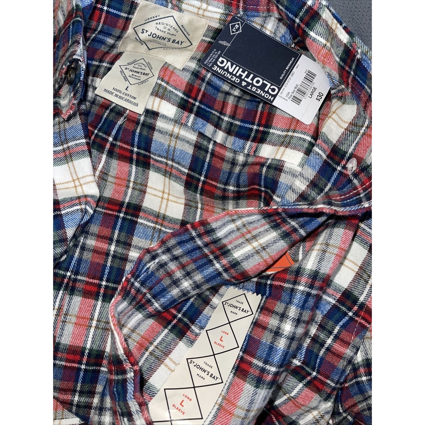 men's plaid blue red st john's bay large polar bear mulit long sleeve buttonup
