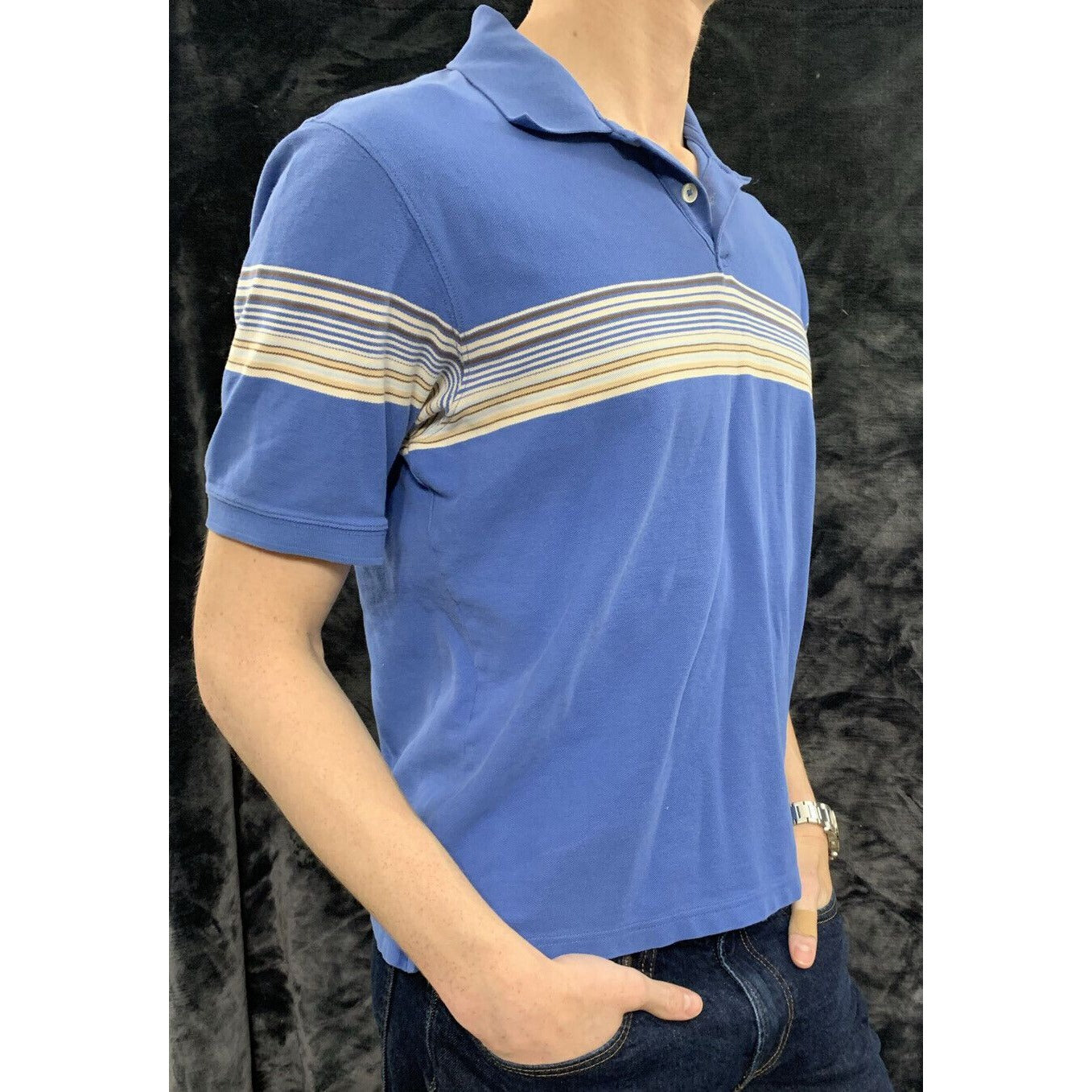 Eddie Bauer Blue with White Stripe Men’s Medium Cotton Polo Shirt