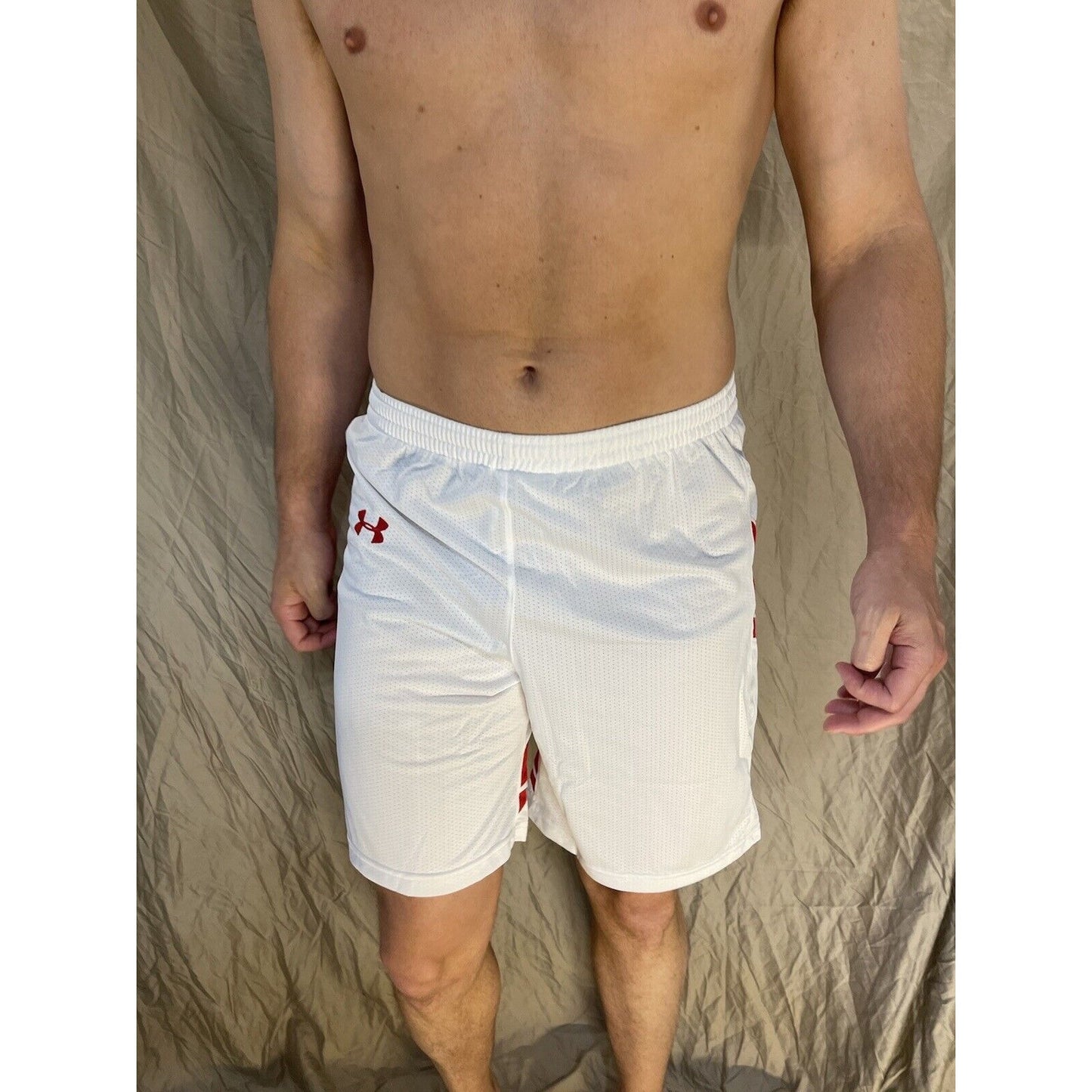 men's large under armour White With Red athletic workout lacrosse shorts