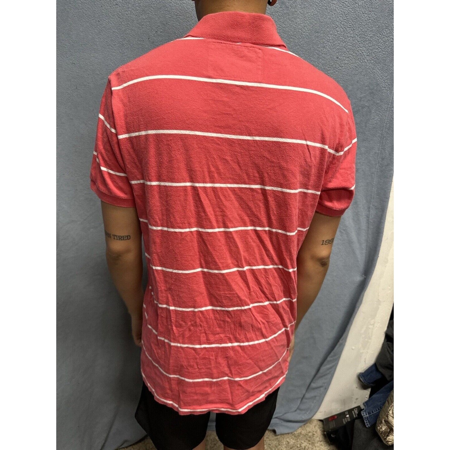 Salmon Pink Men’s Striped American Eagle Vintage Fit Large Polo Shirt